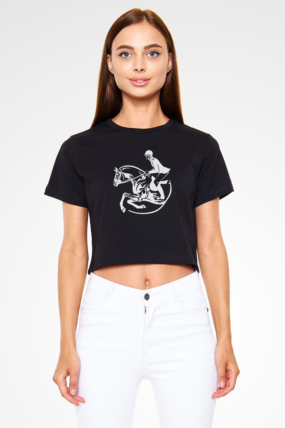 At Yarışı - Horse Race Baskılı Crop Top Siyah Kadın Tişört - Tshirt