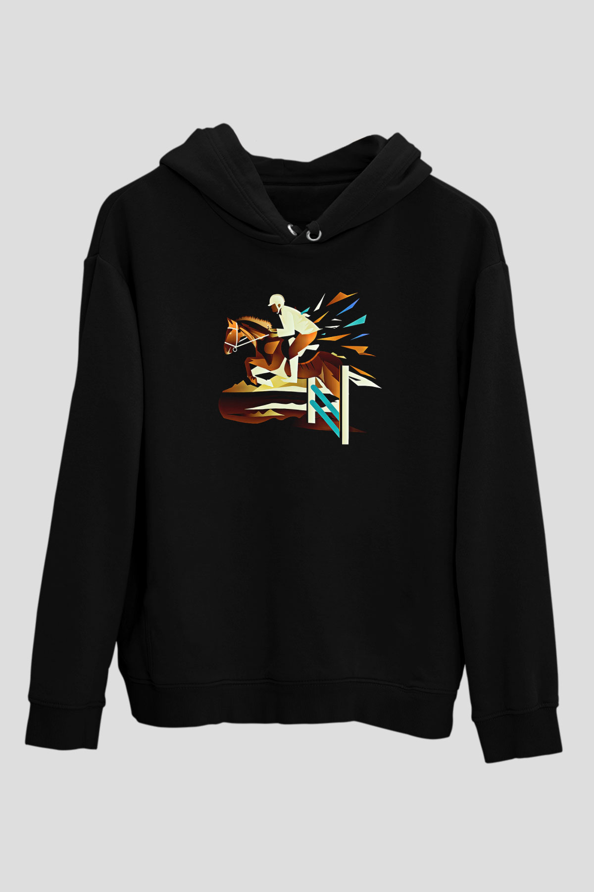 At Yarışı - Horse Race Baskılı Unisex Siyah Hoodie