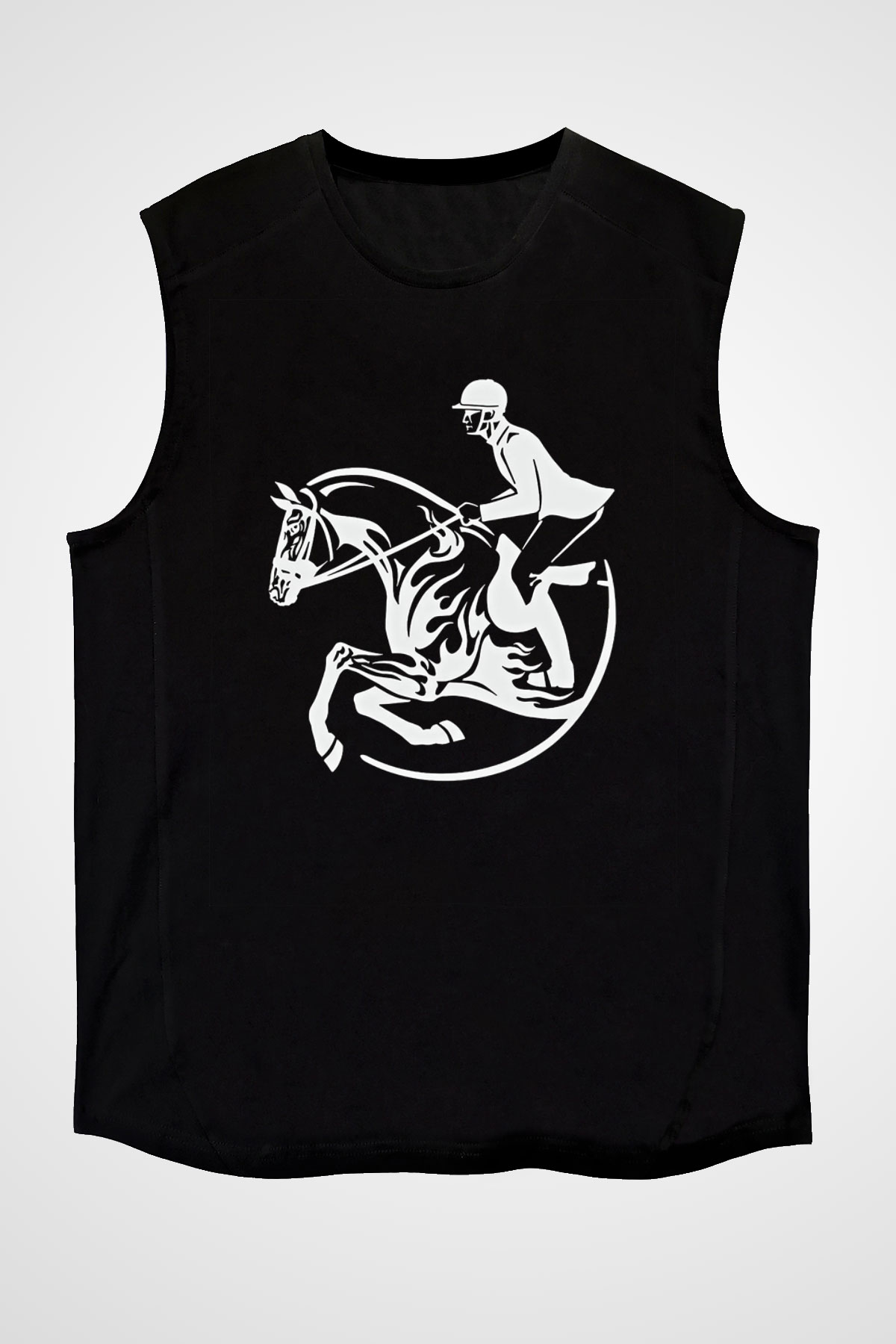 At Yarışı - Horse Race Baskılı Unisex Siyah Kolsuz Tişört