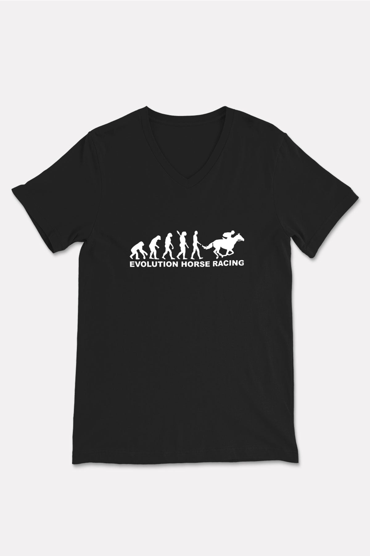At Yarışı - Horse Race Baskılı Unisex Siyah V Yaka Tişört