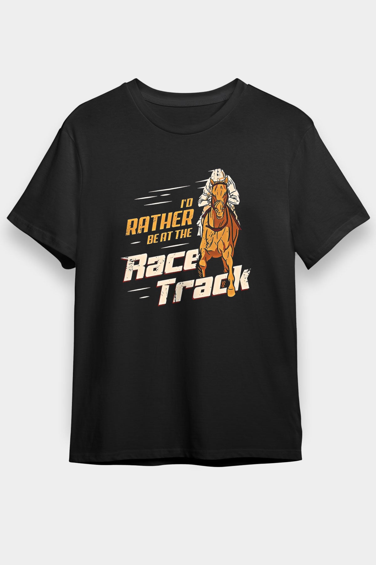 At Yarışı - Horse Race Baskılı Unisex Siyah Tişört - Tshirt