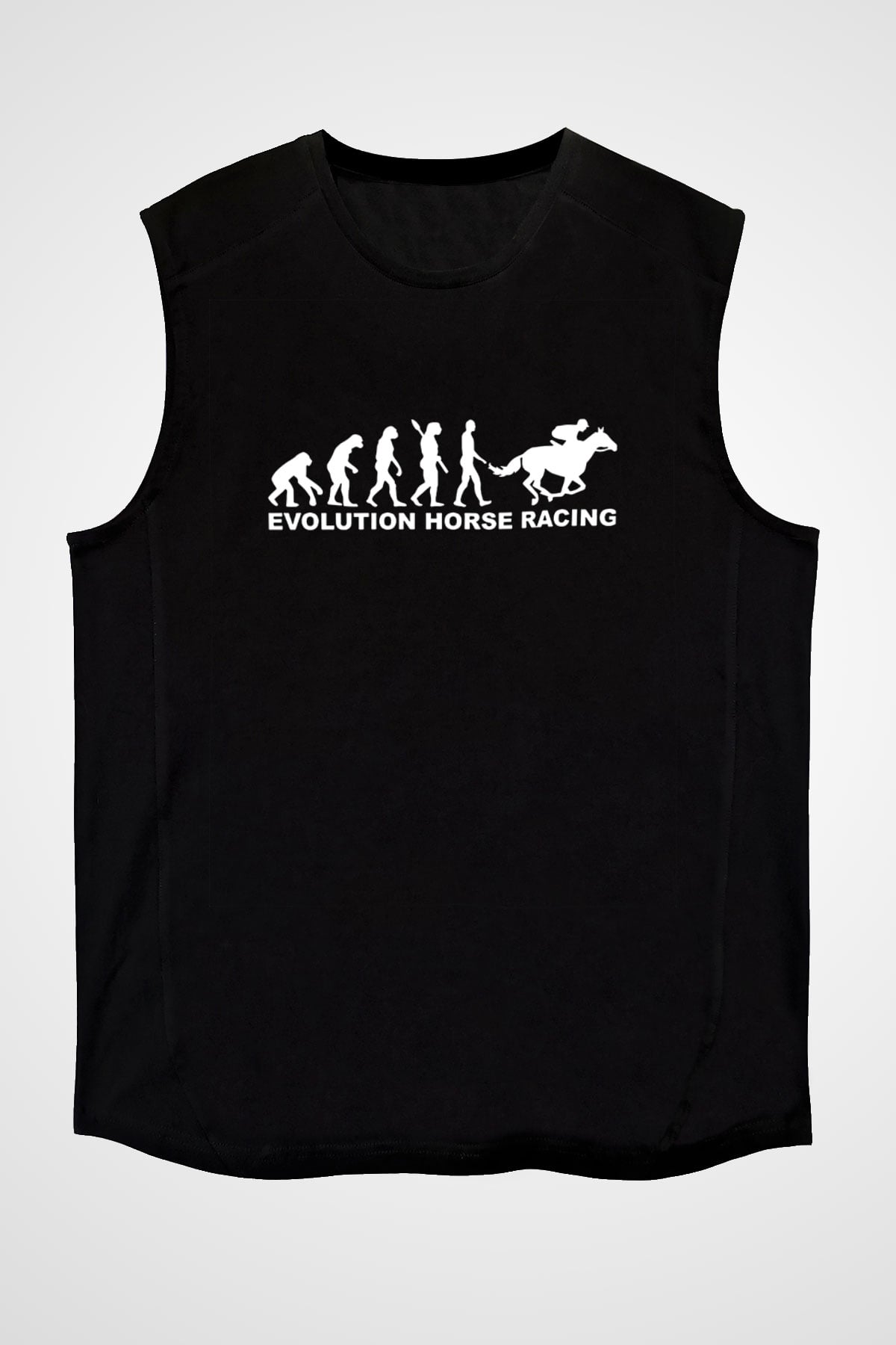 At Yarışı - Horse Race Baskılı Unisex Siyah Kolsuz Tişört
