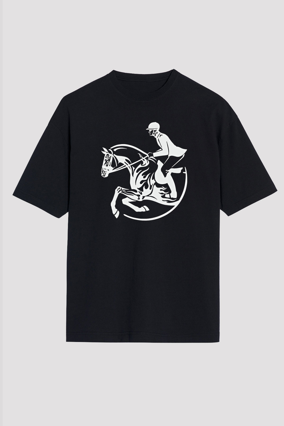 At Yarışı - Horse Race Baskılı Unisex Siyah Oversize Tişört