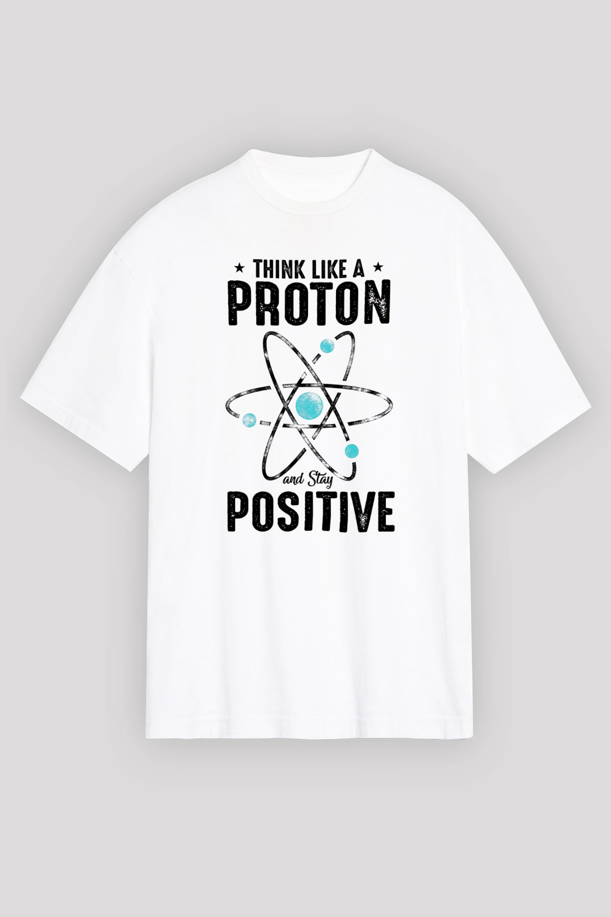 Atom Proton Baskılı Unisex Oversize Beyaz Tişört - Tshirt