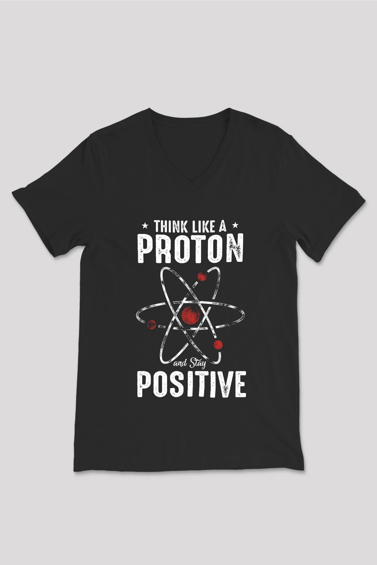 Atom Proton Baskılı Unisex V Yaka Siyah Tİşört - Tshirt