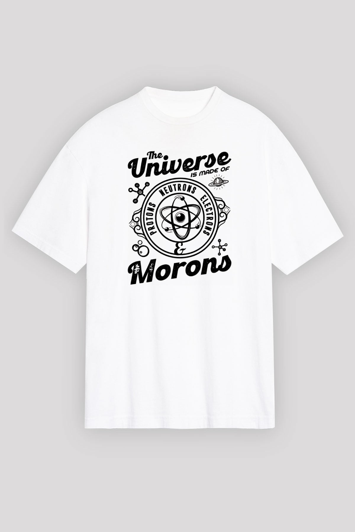 Atom Proton Nötron Eelektron Baskılı Unisex Oversize Beyaz Tişört - Tshirt