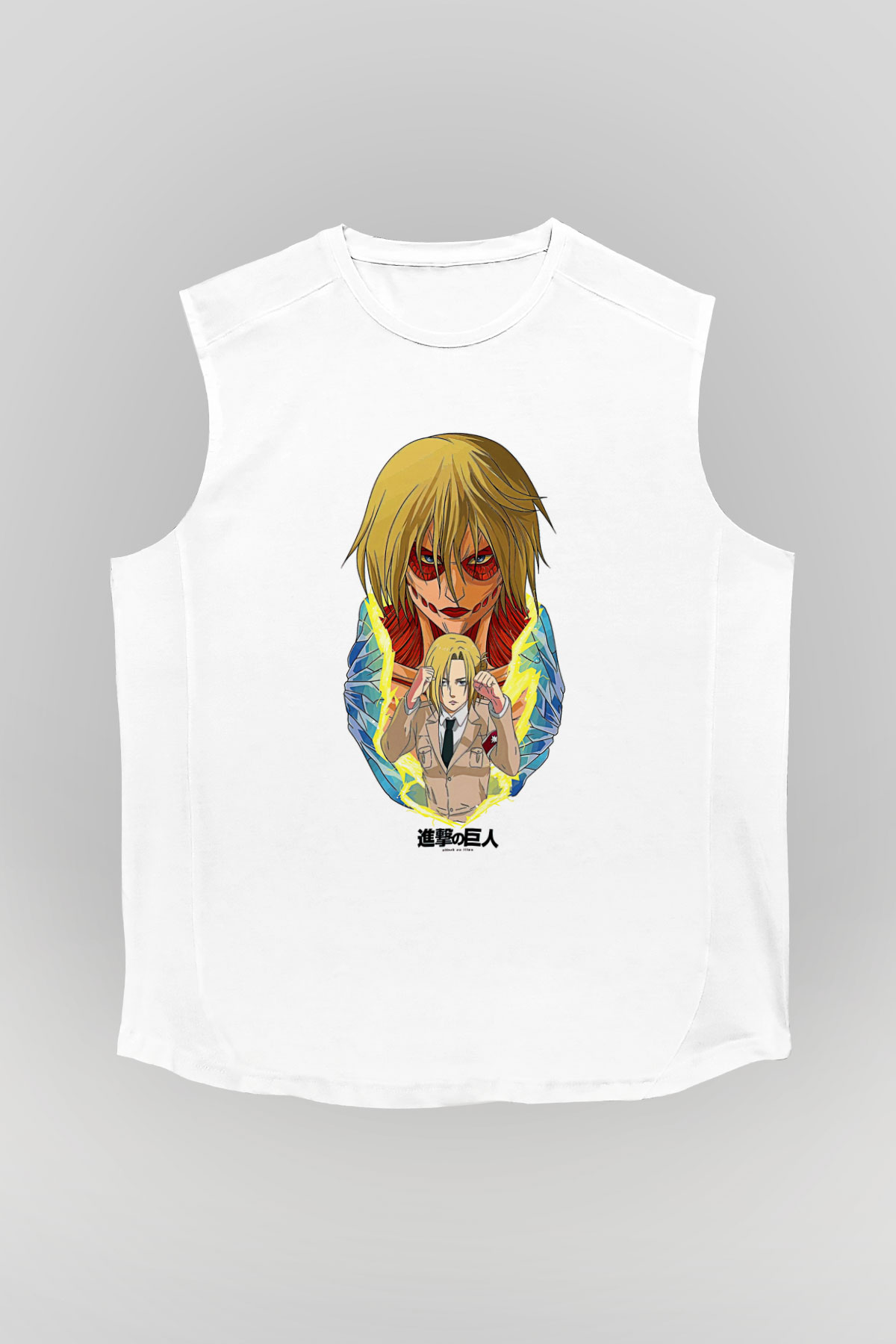 Attack On Titan Baskılı Beyaz Unisex Kolsuz Tişört - Tshirt