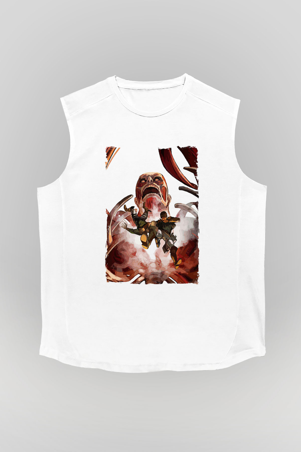 Attack On Titan Baskılı Beyaz Unisex Kolsuz Tişört - Tshirt