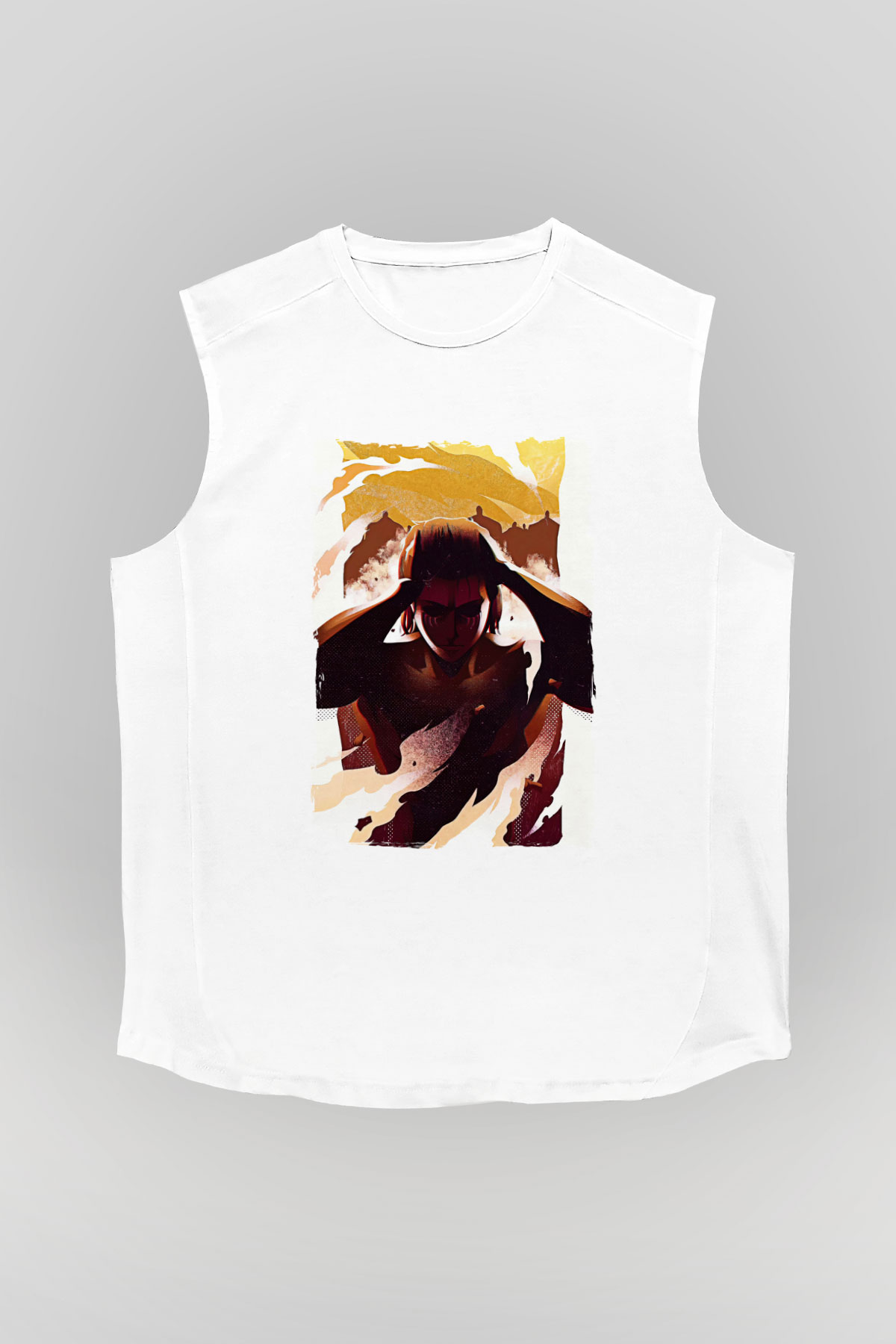 Attack On Titan Baskılı Beyaz Unisex Kolsuz Tişört - Tshirt