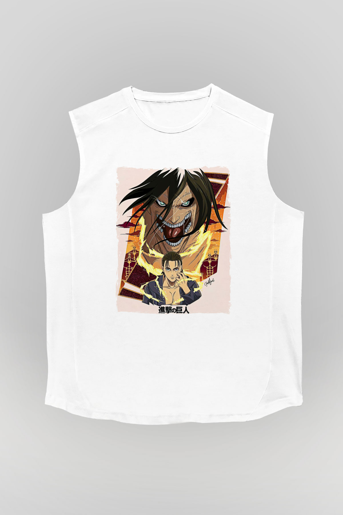 Attack On Titan Baskılı Beyaz Unisex Kolsuz Tişört - Tshirt