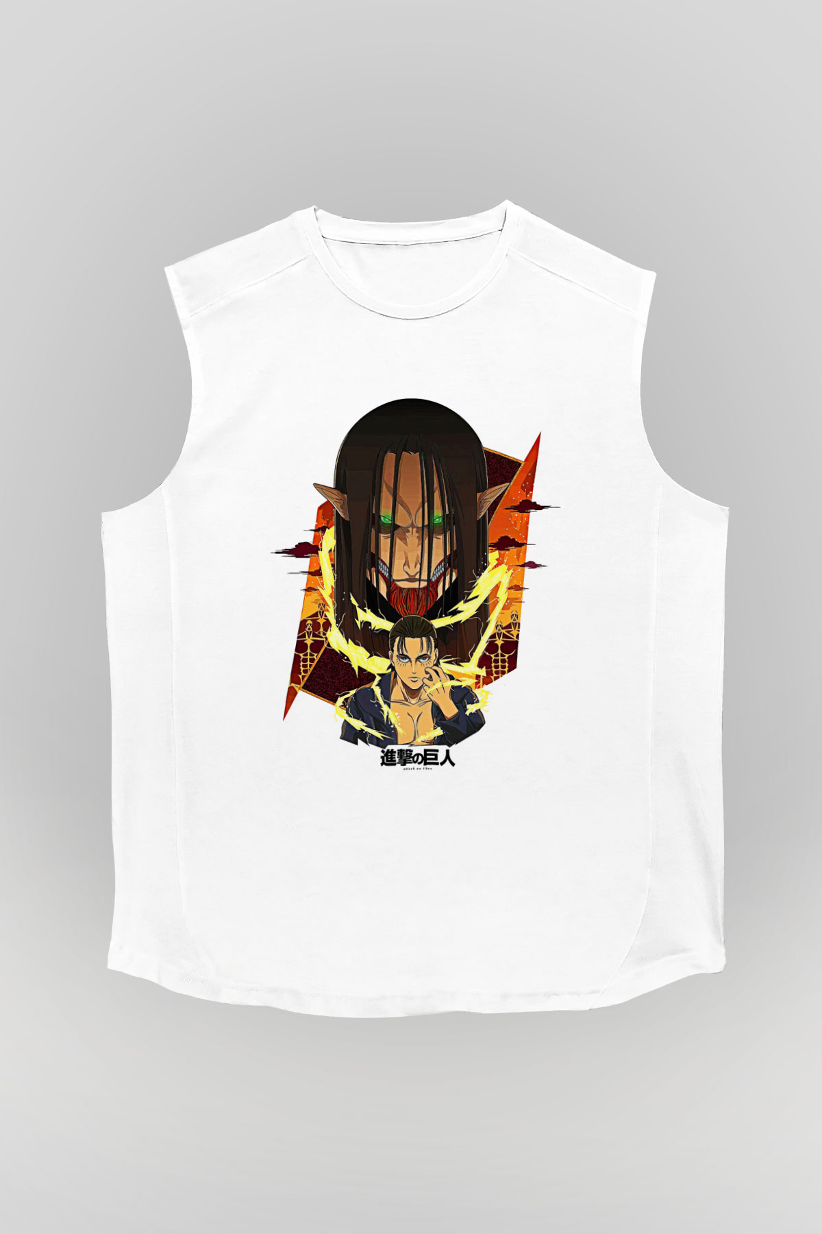 Attack On Titan Baskılı Beyaz Unisex Kolsuz Tişört - Tshirt