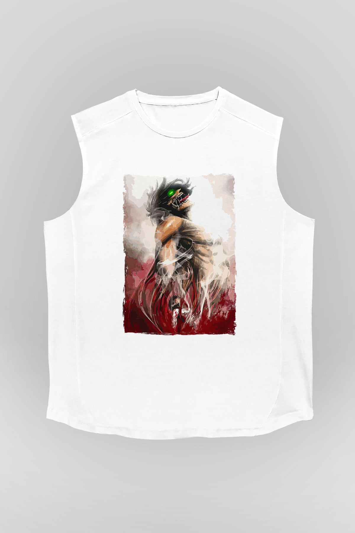 Attack On Titan Baskılı Beyaz Unisex Kolsuz Tişört - Tshirt