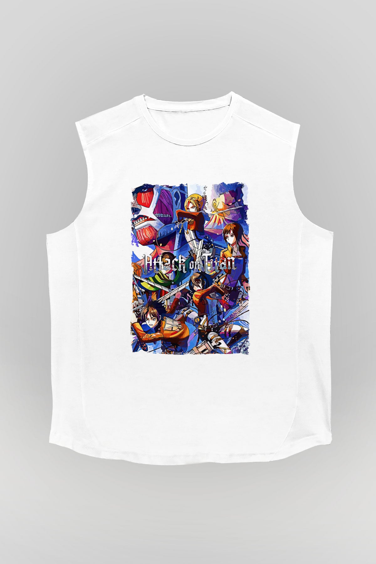 Attack On Titan Baskılı Beyaz Unisex Kolsuz Tişört - Tshirt