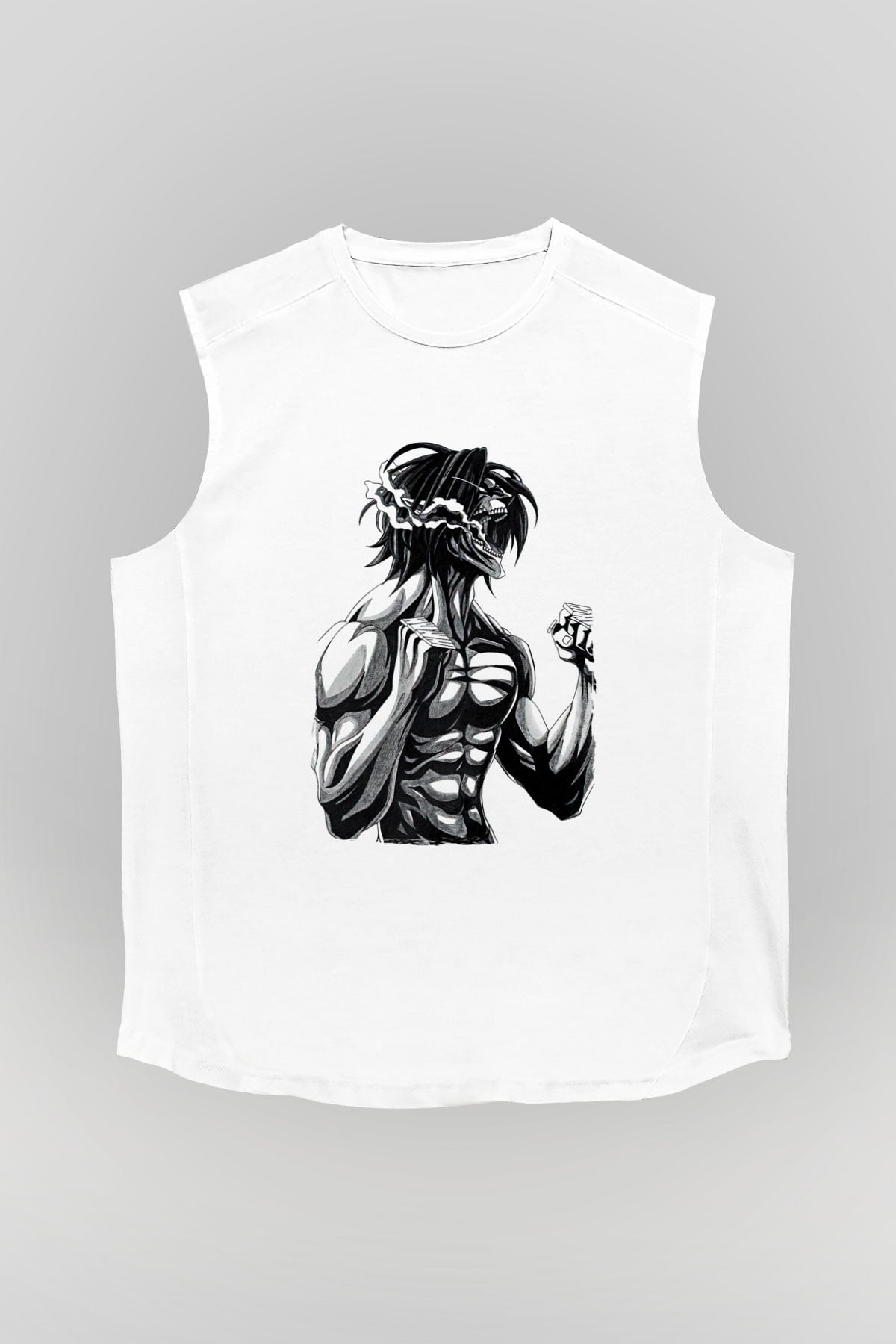 Attack On Titan Baskılı Beyaz Unisex Kolsuz Tişört - Tshirt