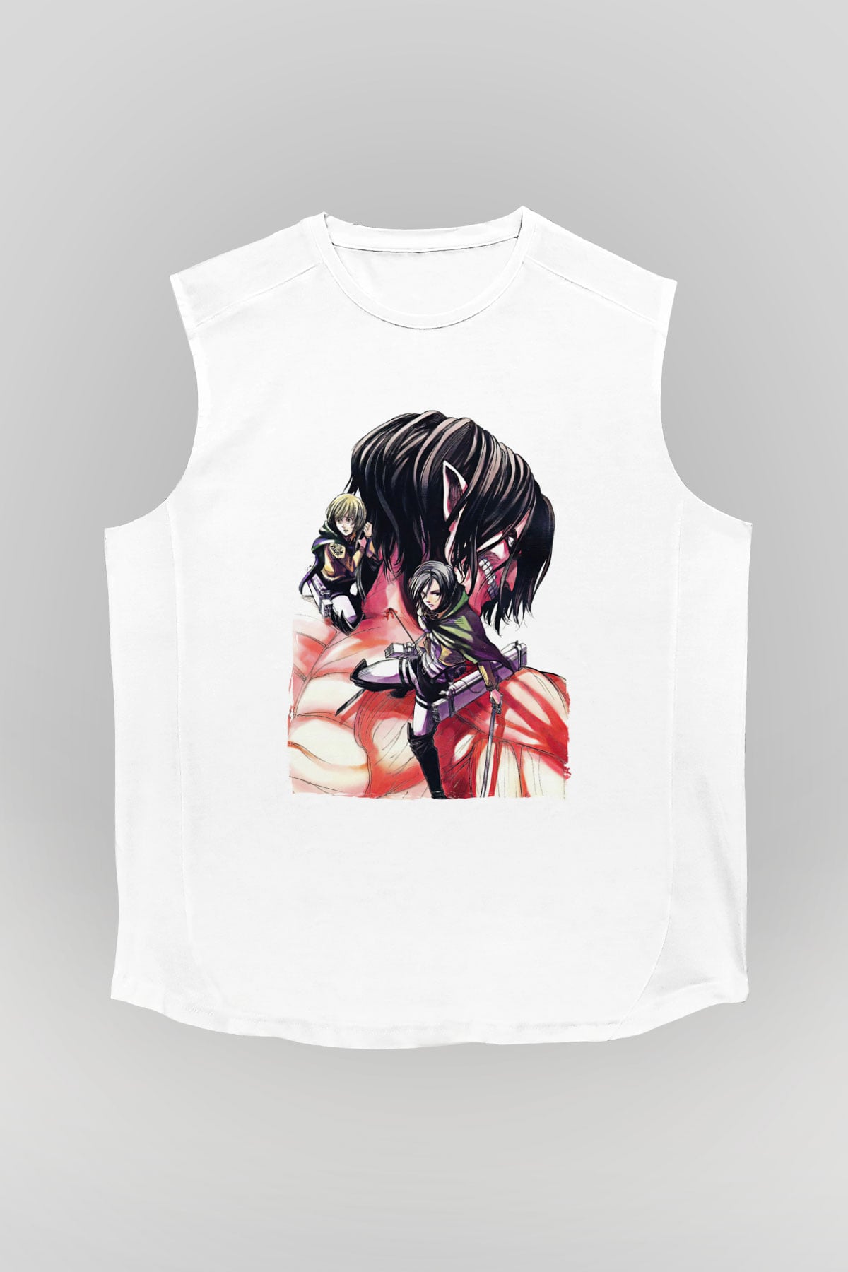 Attack On Titan Baskılı Beyaz Unisex Kolsuz Tişört - Tshirt