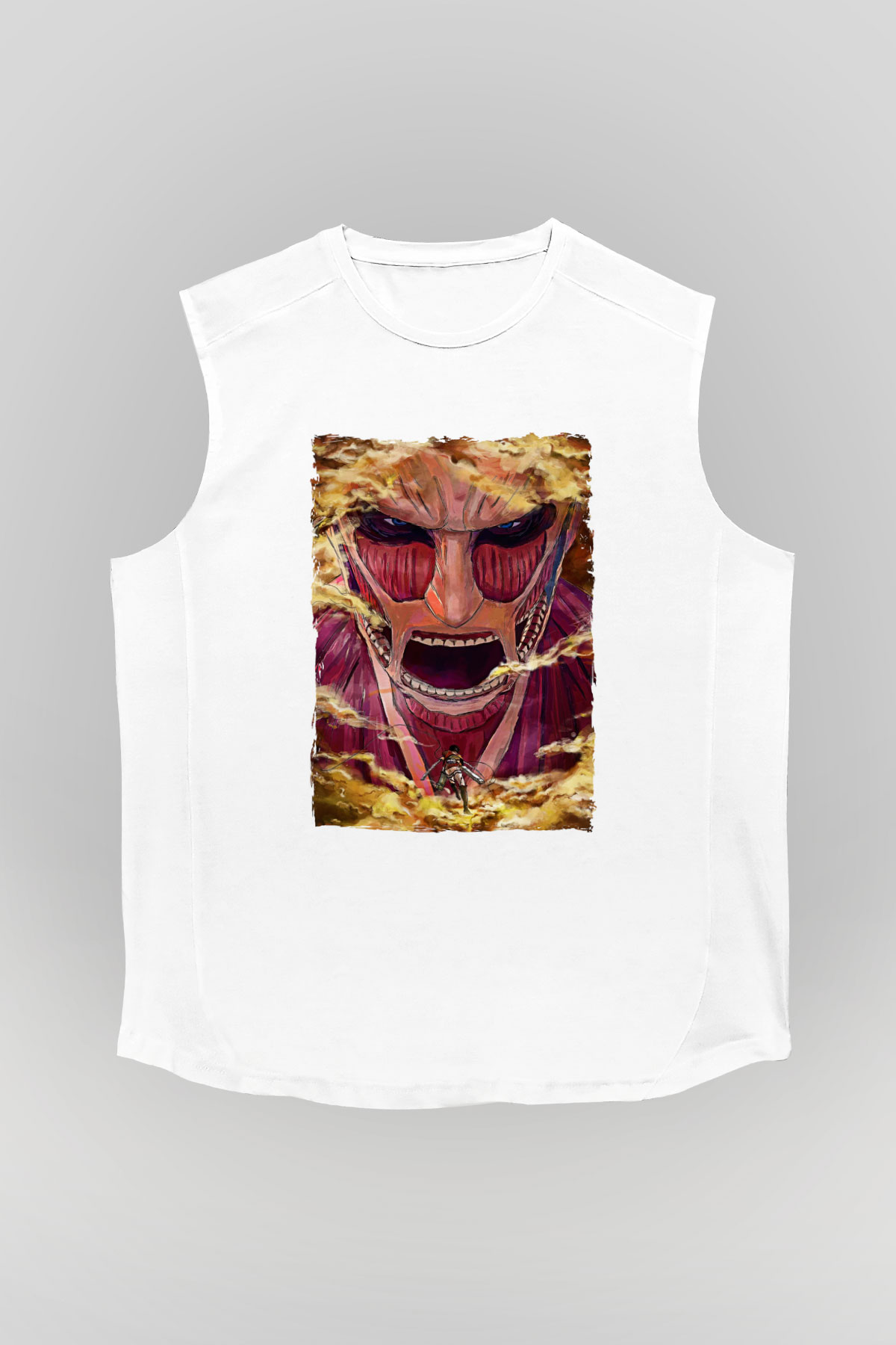 Attack On Titan Baskılı Beyaz Unisex Kolsuz Tişört - Tshirt
