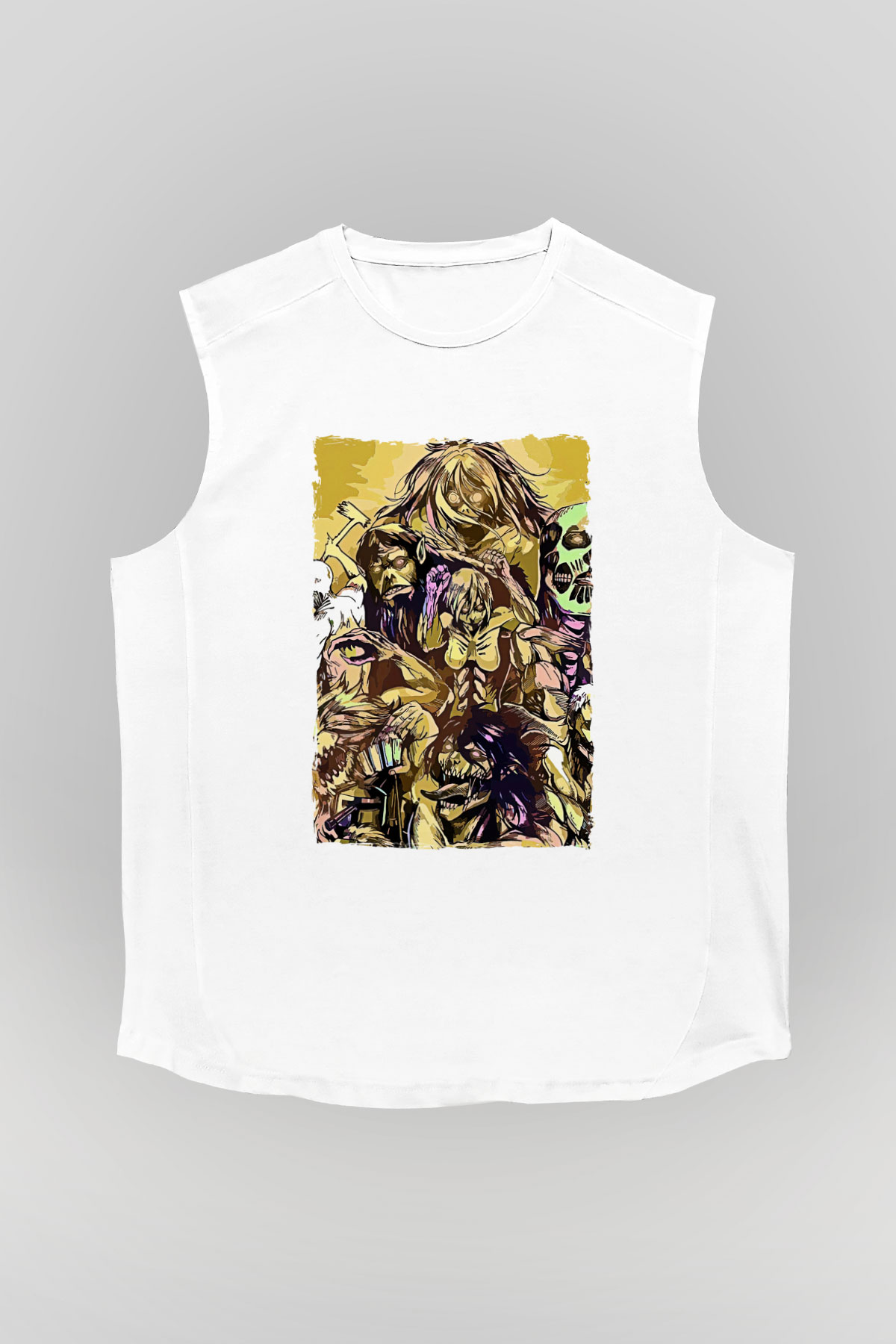 Attack On Titan Baskılı Beyaz Unisex Kolsuz Tişört - Tshirt