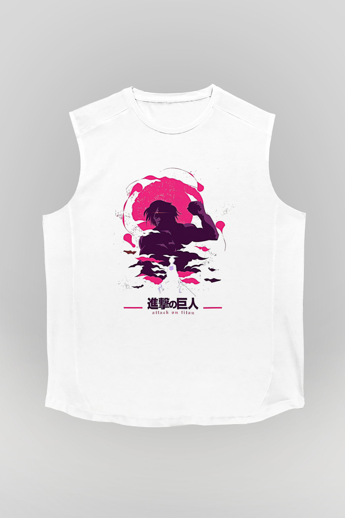 Attack On Titan Baskılı Beyaz Unisex Kolsuz Tişört - Tshirt
