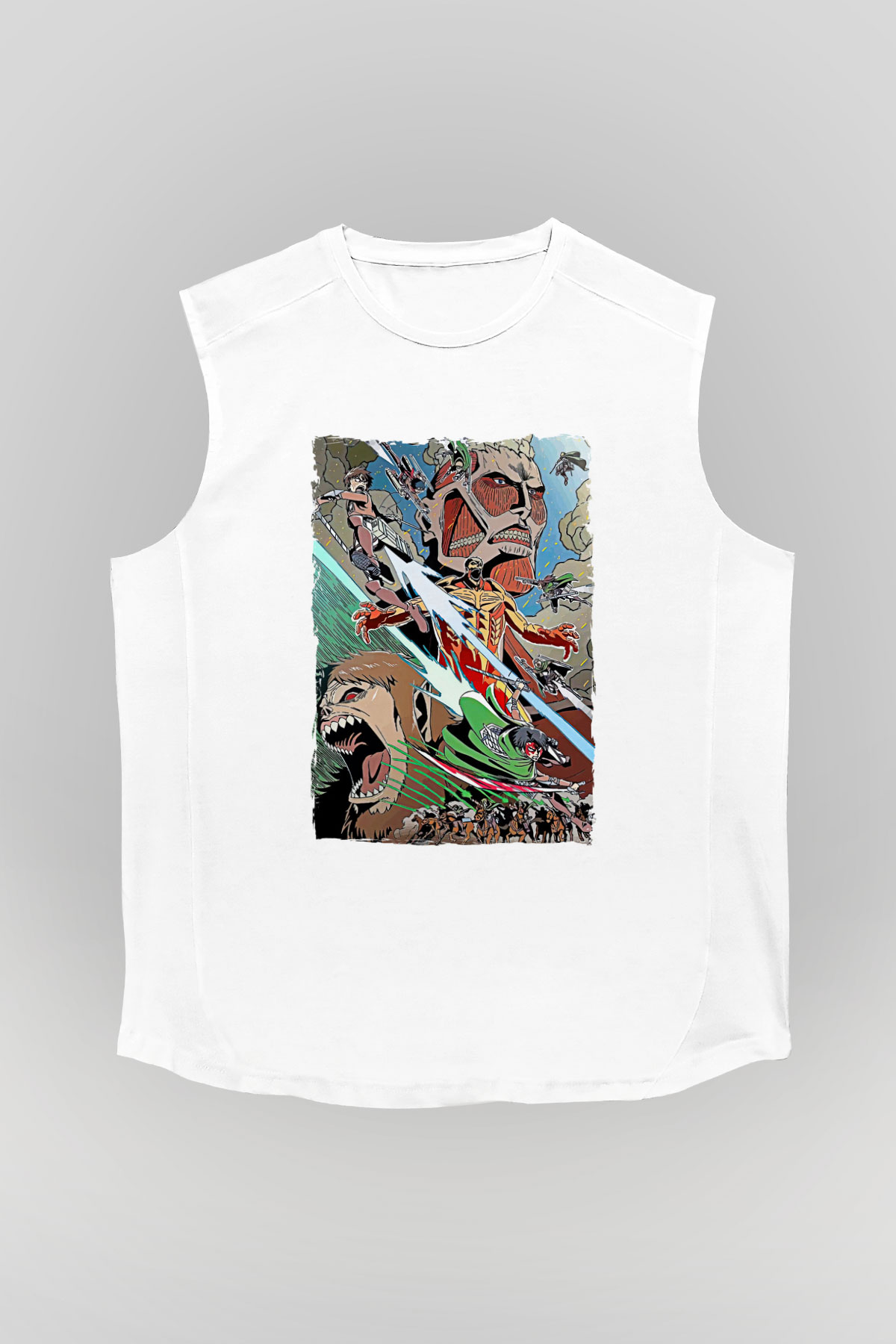 Attack On Titan Baskılı Beyaz Unisex Kolsuz Tişört - Tshirt