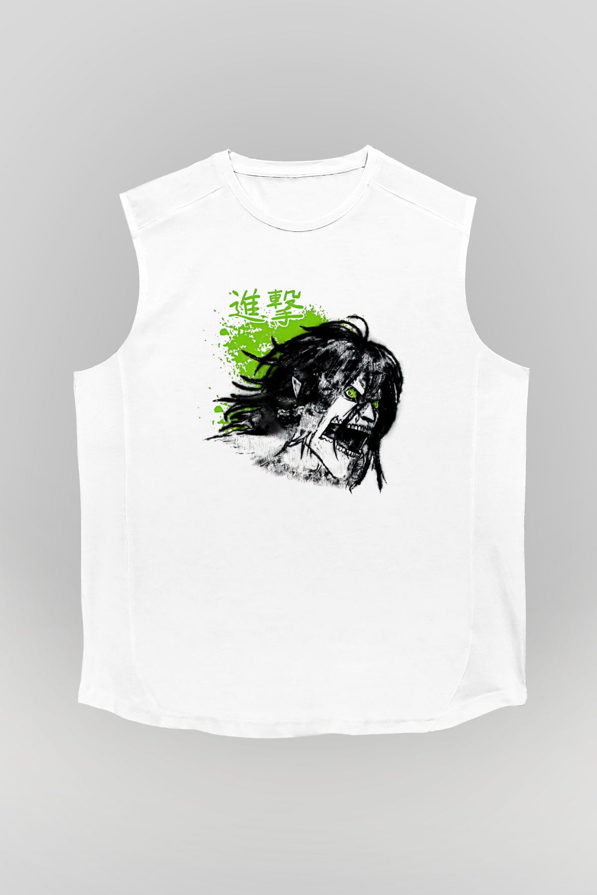 Attack On Titan Baskılı Beyaz Unisex Kolsuz Tişört - Tshirt