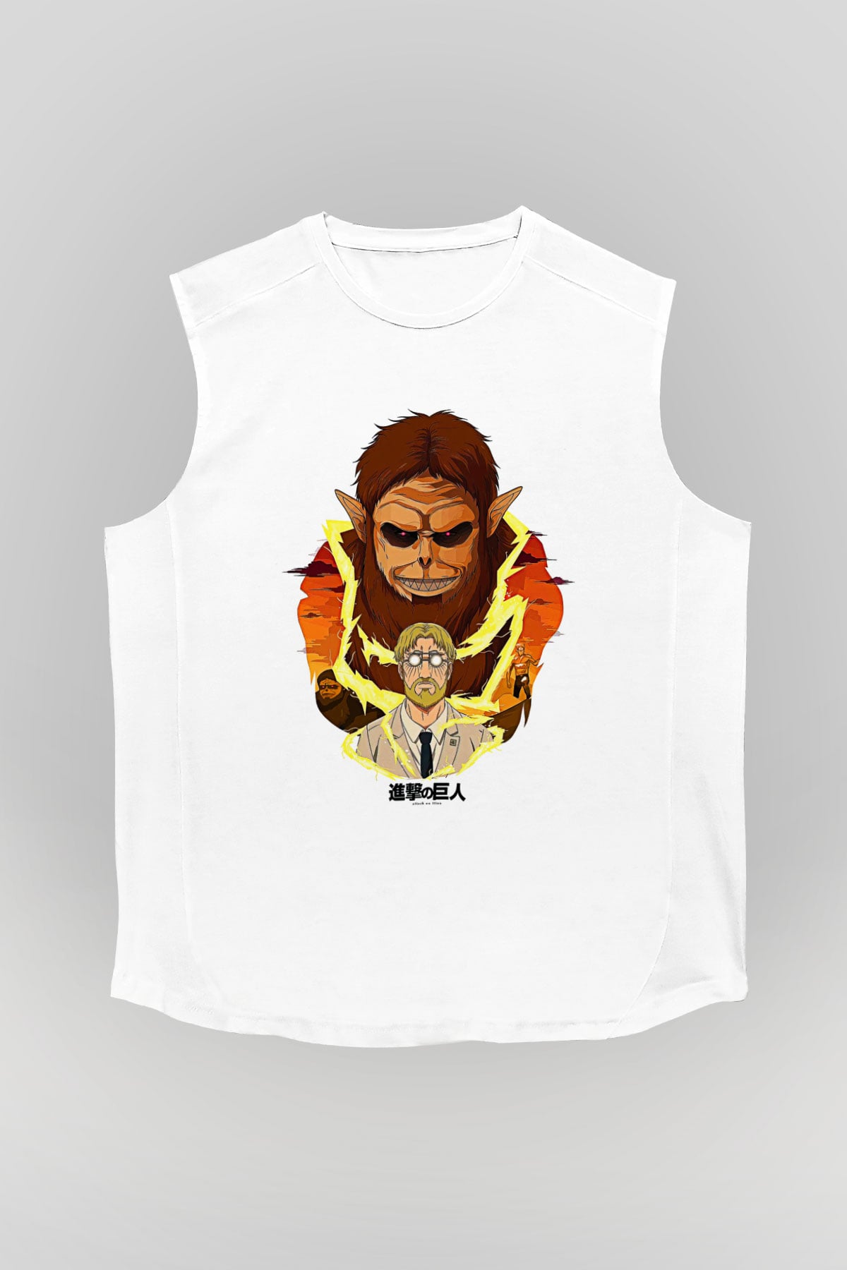 Attack On Titan Baskılı Beyaz Unisex Kolsuz Tişört - Tshirt