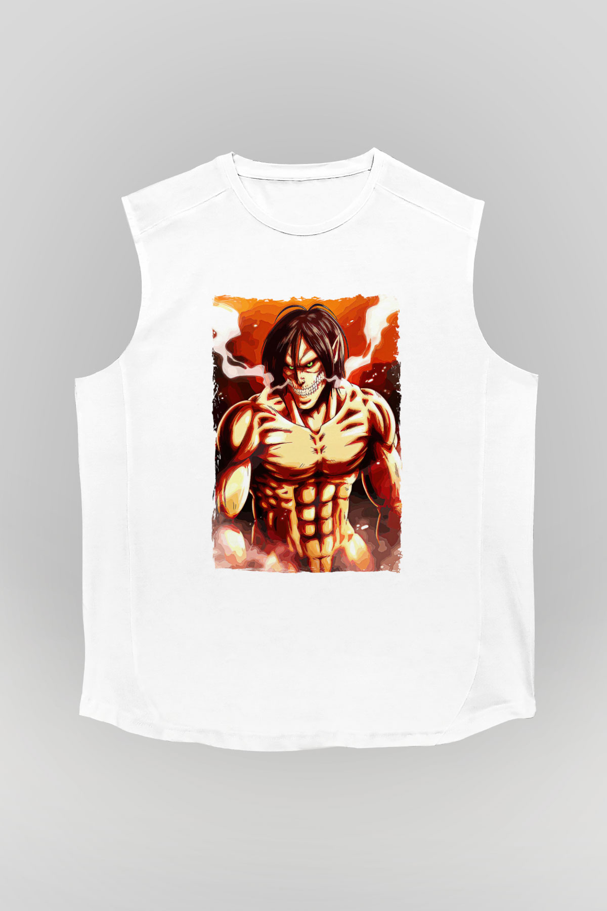 Attack On Titan Baskılı Beyaz Unisex Kolsuz Tişört - Tshirt