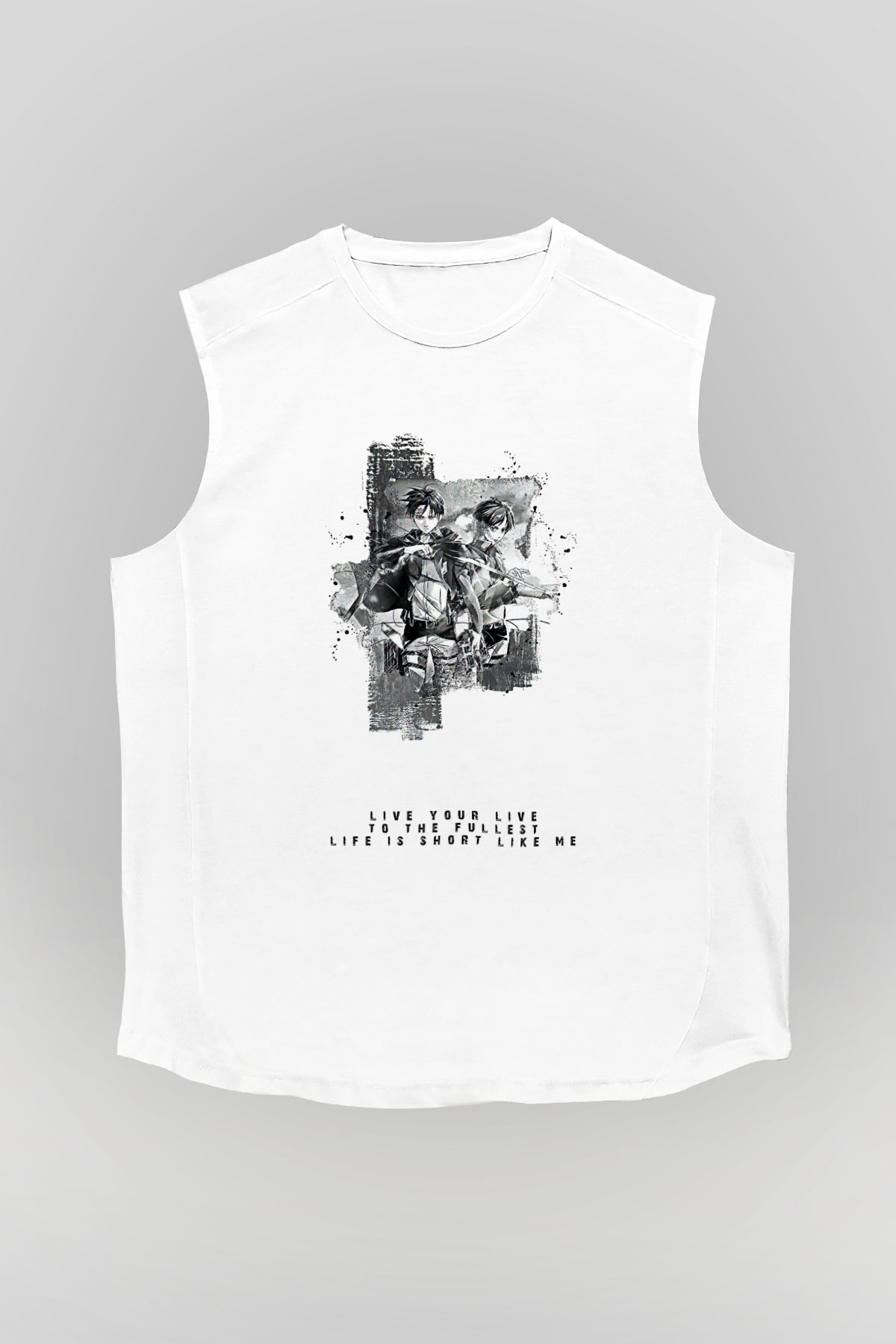 Attack On Titan Baskılı Beyaz Unisex Kolsuz Tişört - Tshirt