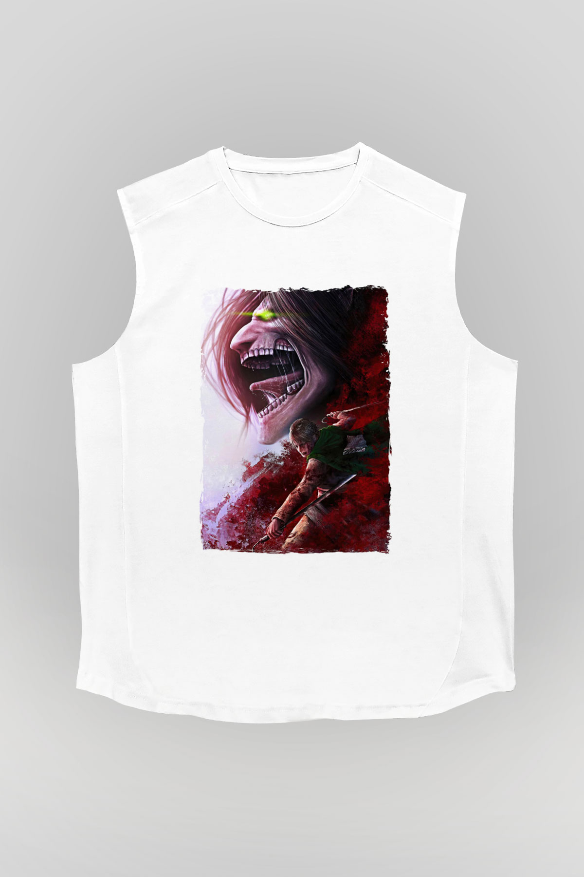 Attack On Titan Baskılı Beyaz Unisex Kolsuz Tişört - Tshirt