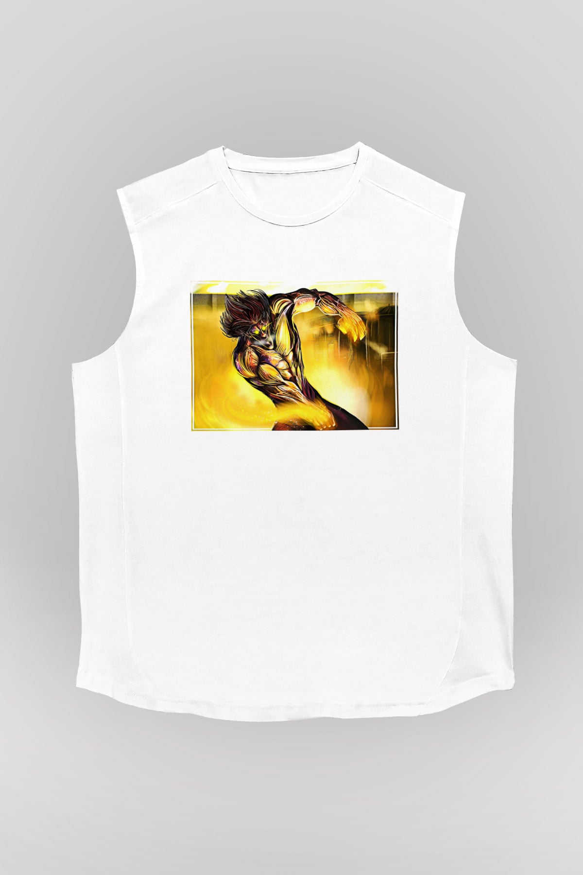 Attack On Titan Baskılı Beyaz Unisex Kolsuz Tişört - Tshirt