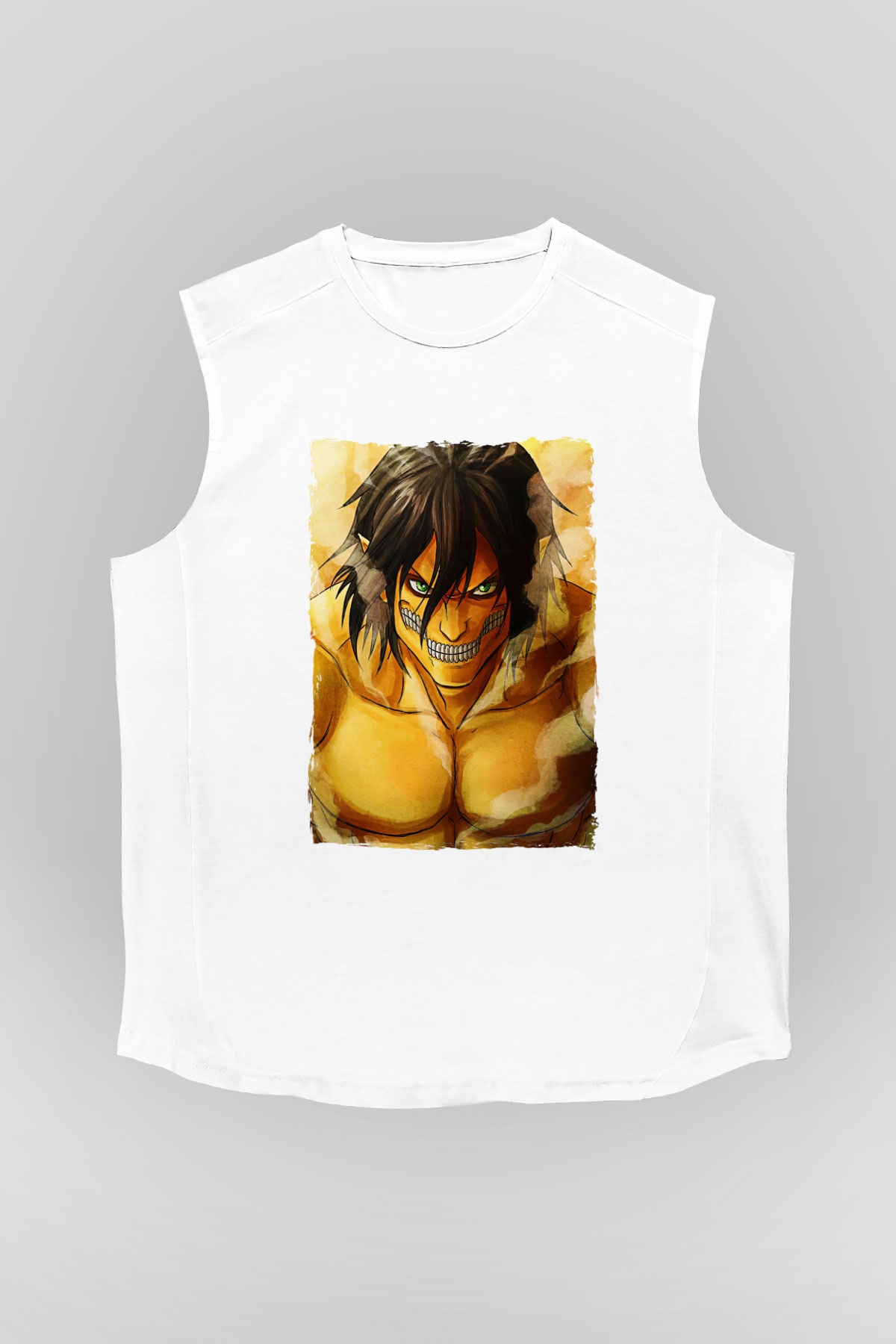 Attack On Titan Baskılı Beyaz Unisex Kolsuz Tişört - Tshirt