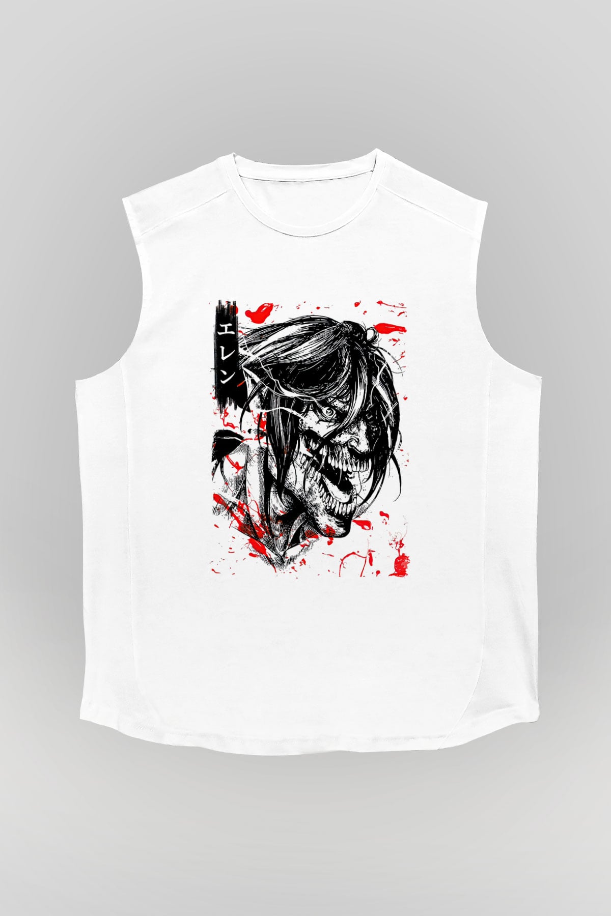 Attack On Titan Baskılı Beyaz Unisex Kolsuz Tişört - Tshirt