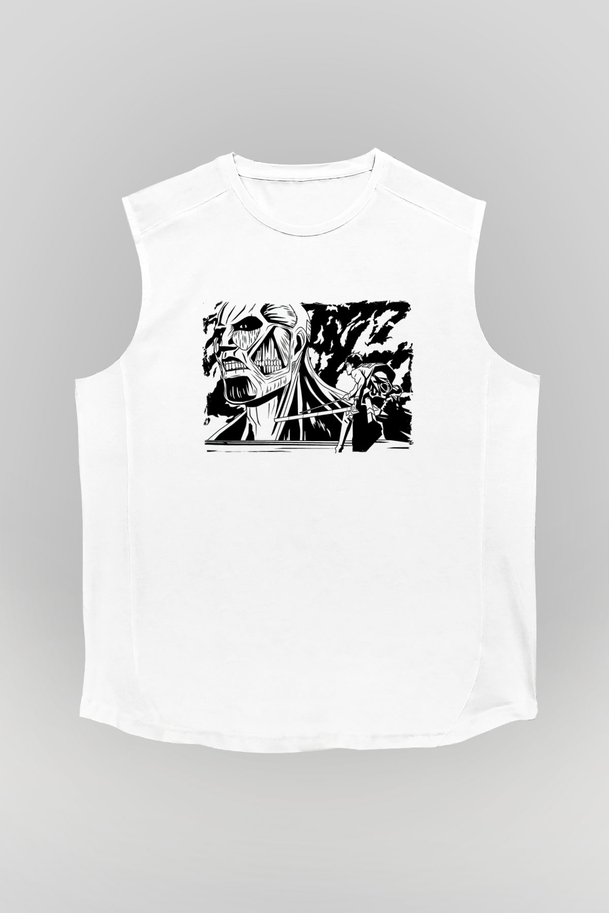 Attack On Titan Baskılı Beyaz Unisex Kolsuz Tişört - Tshirt