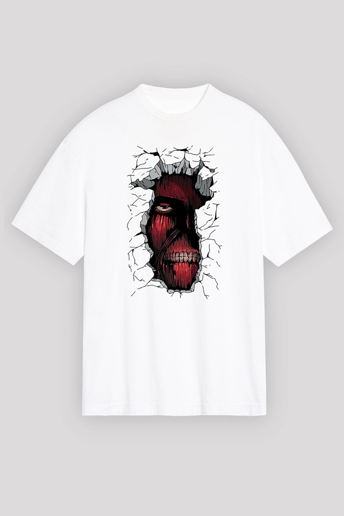 Attack On Titan Baskılı Beyaz Unisex Oversize Tişört - Tshirt