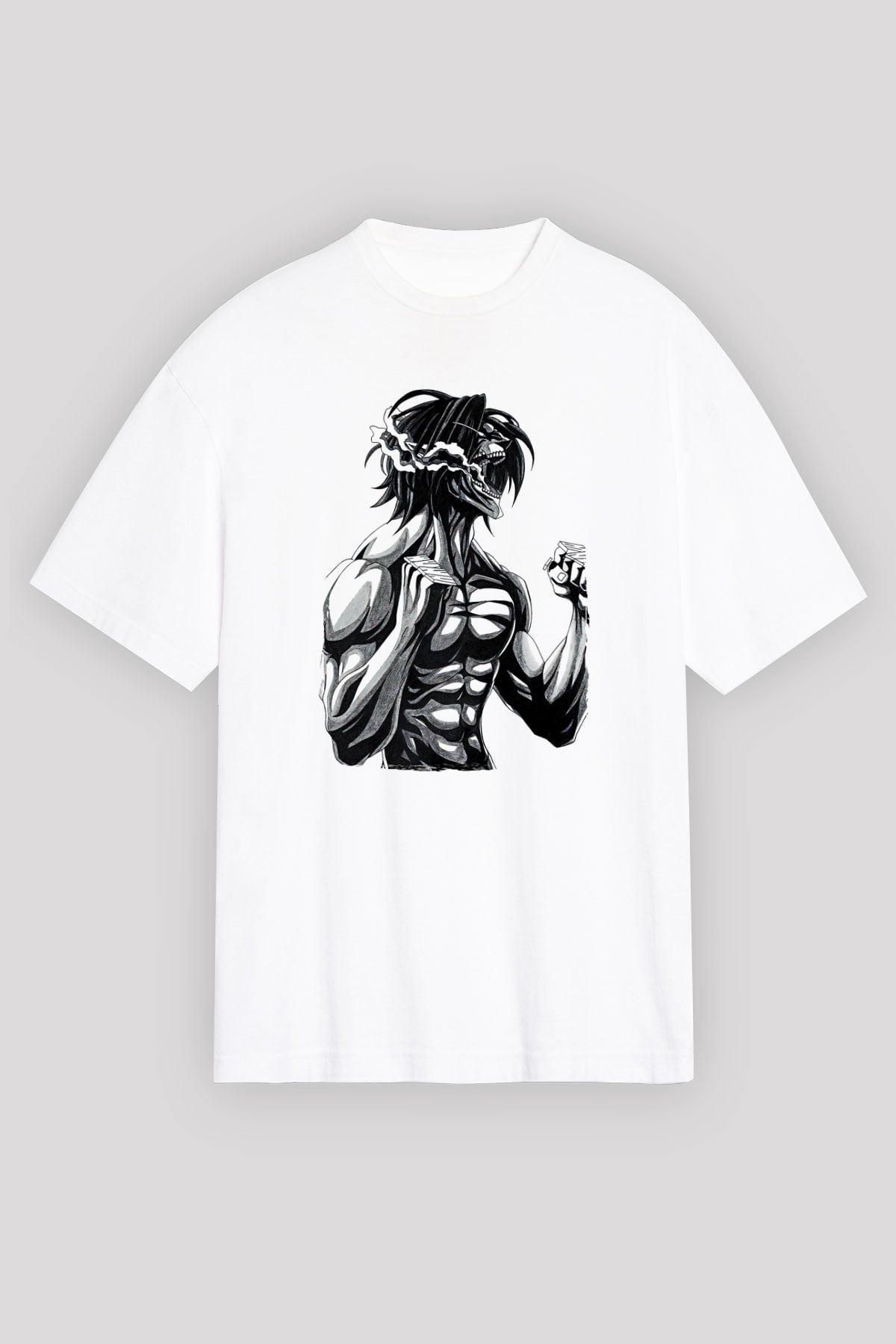Attack On Titan Baskılı Beyaz Unisex Oversize Tişört - Tshirt