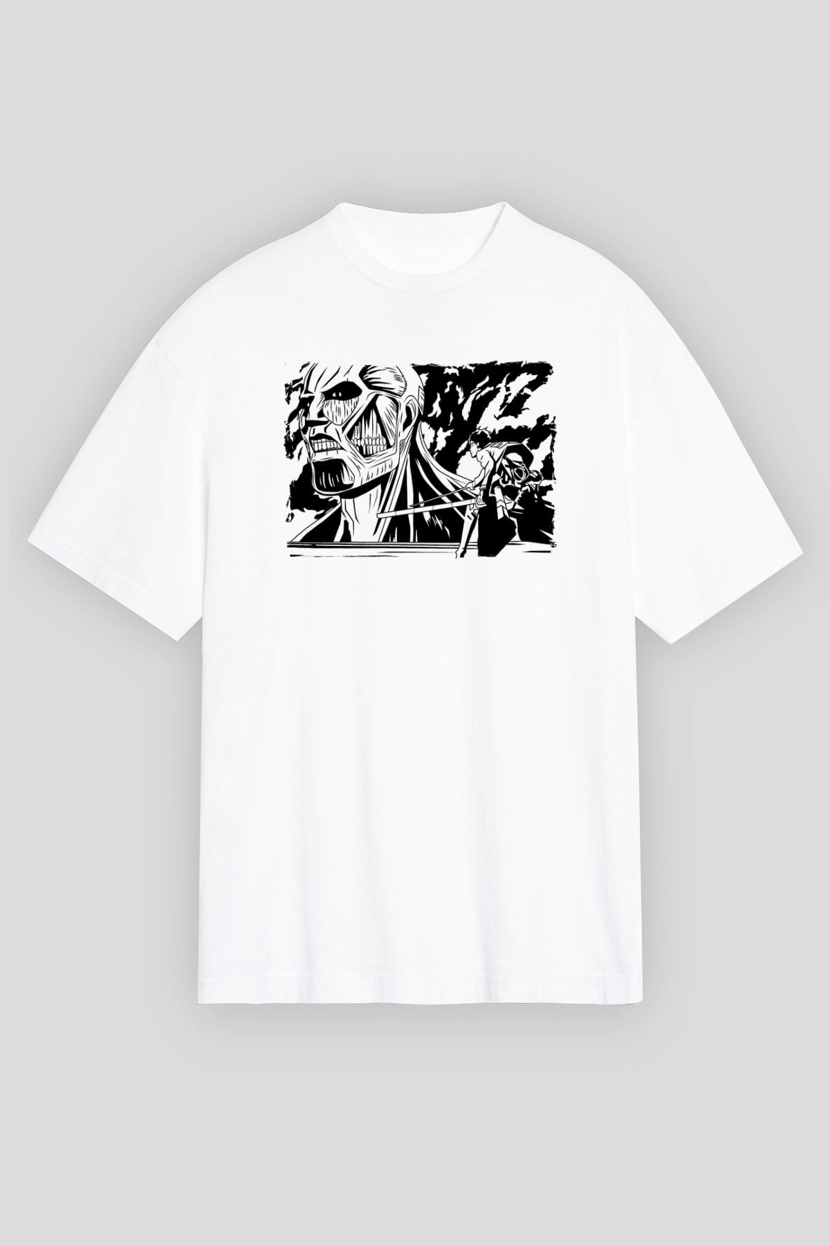 Attack On Titan Baskılı Beyaz Unisex Oversize Tişört - Tshirt