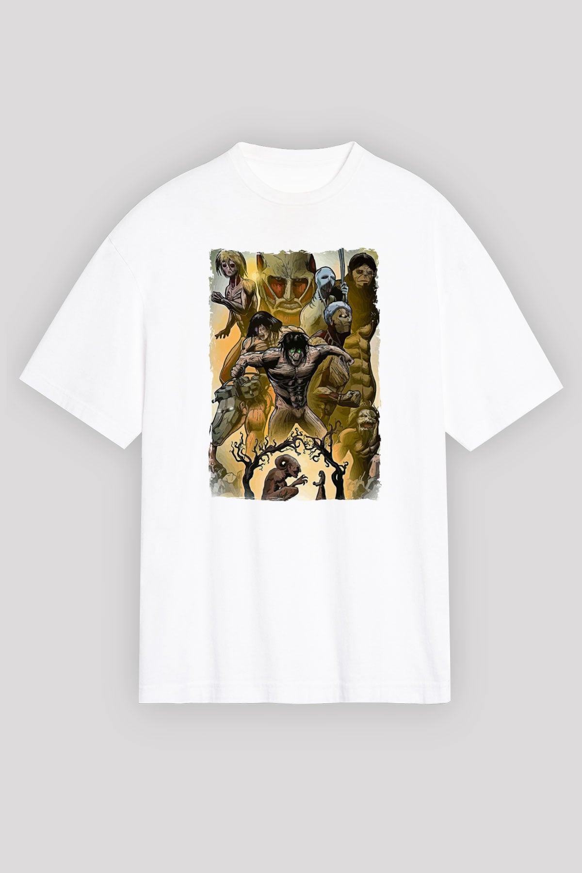 Attack On Titan Baskılı Beyaz Unisex Oversize Tişört - Tshirt