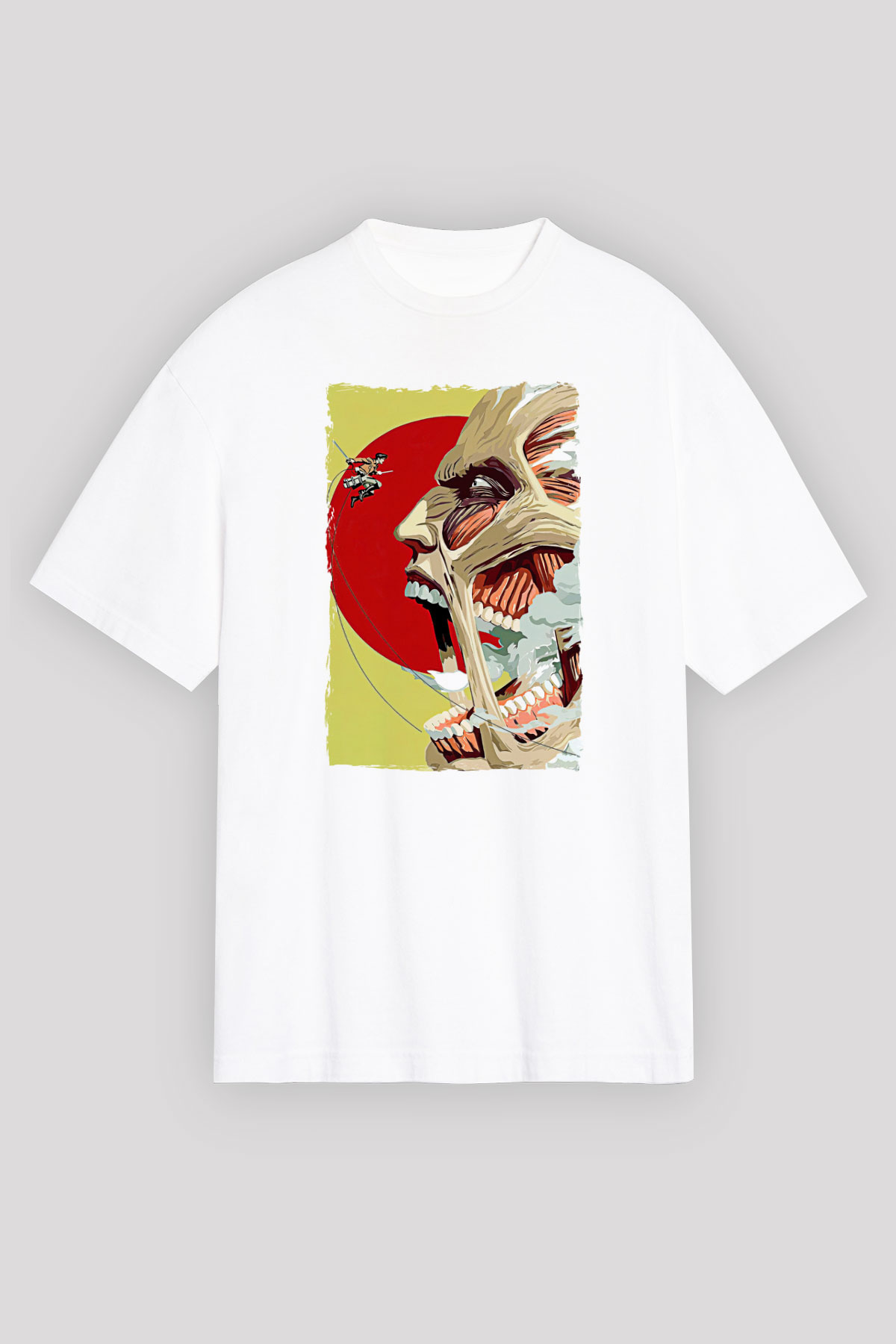 Attack On Titan Baskılı Beyaz Unisex Oversize Tişört - Tshirt