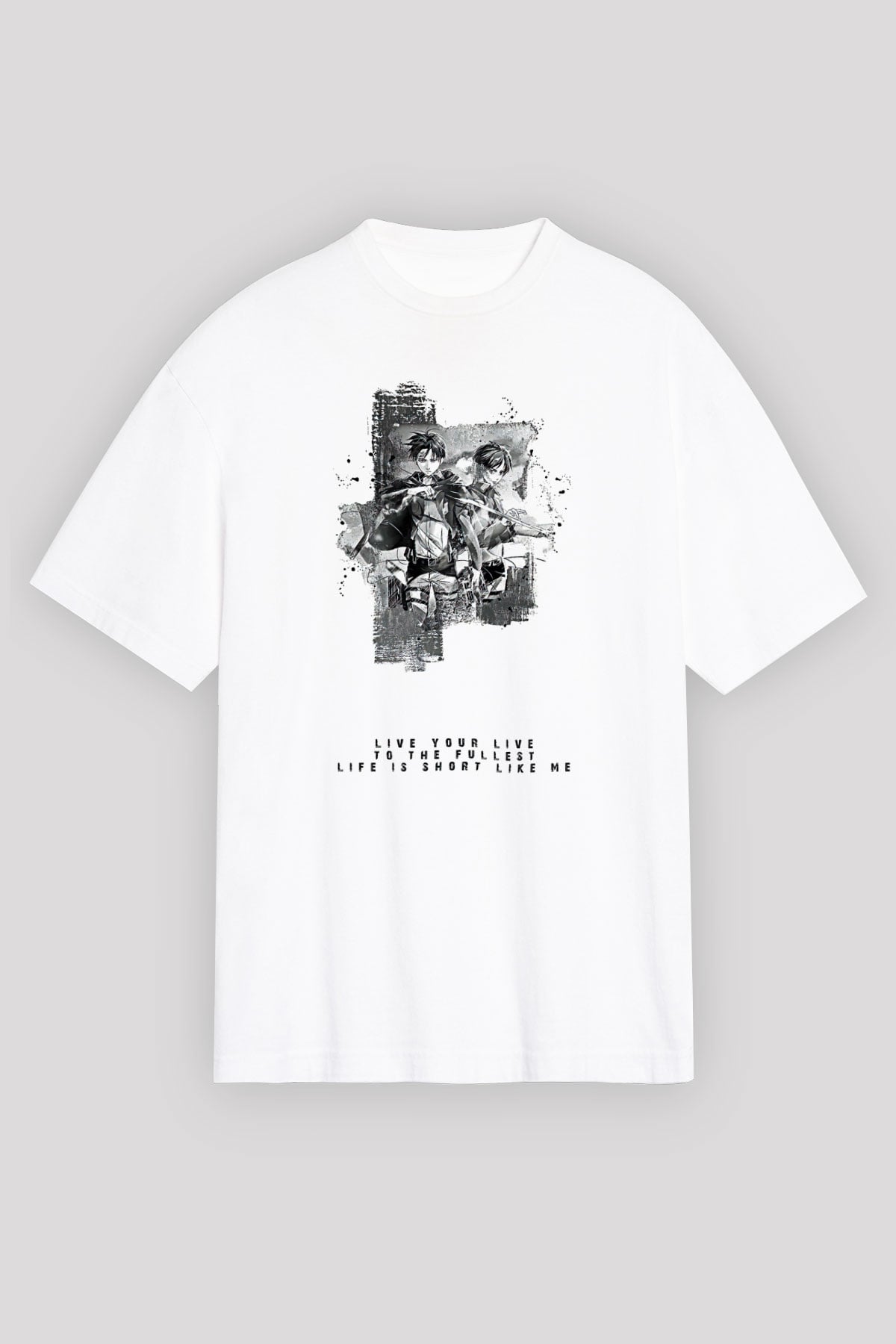Attack On Titan Baskılı Beyaz Unisex Oversize Tişört - Tshirt