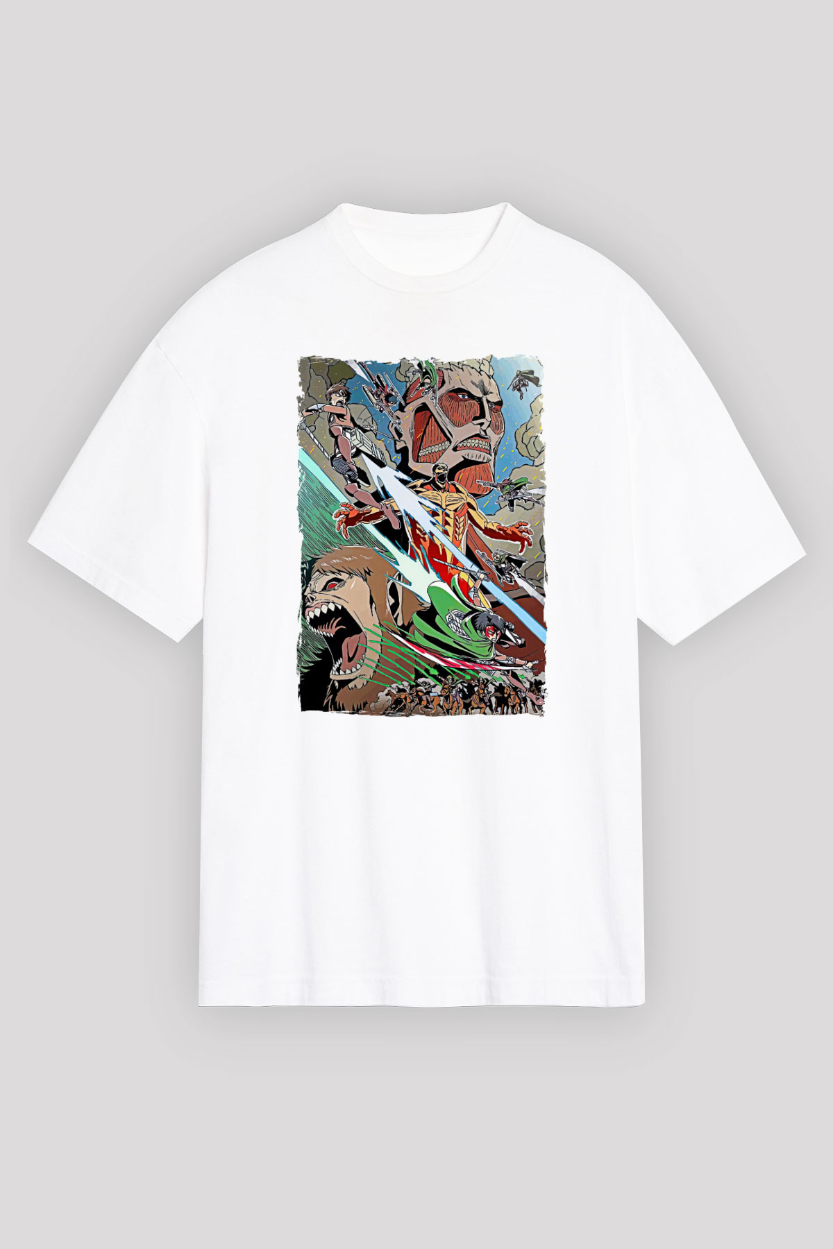 Attack On Titan Baskılı Beyaz Unisex Oversize Tişört - Tshirt