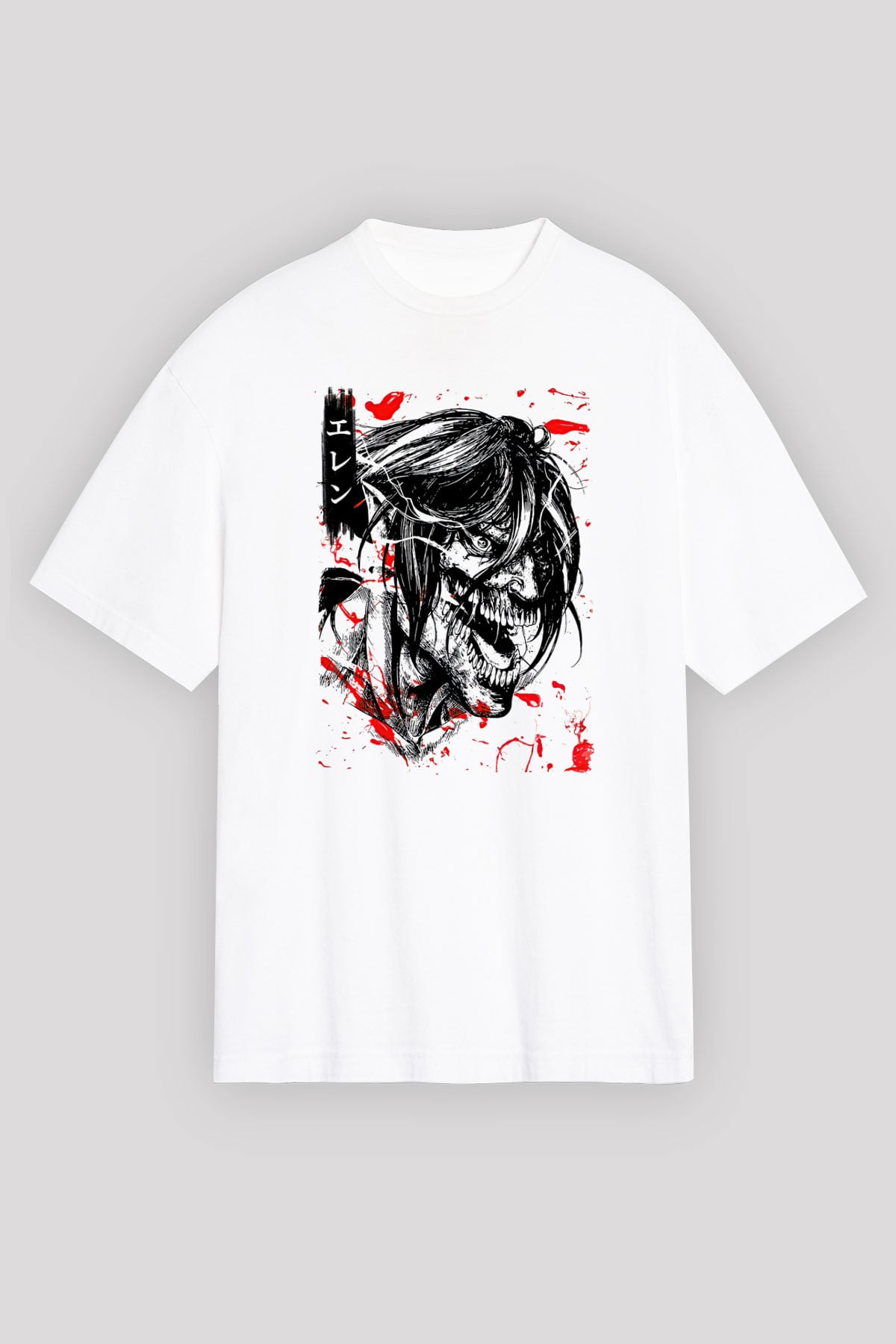 Attack On Titan Baskılı Beyaz Unisex Oversize Tişört - Tshirt