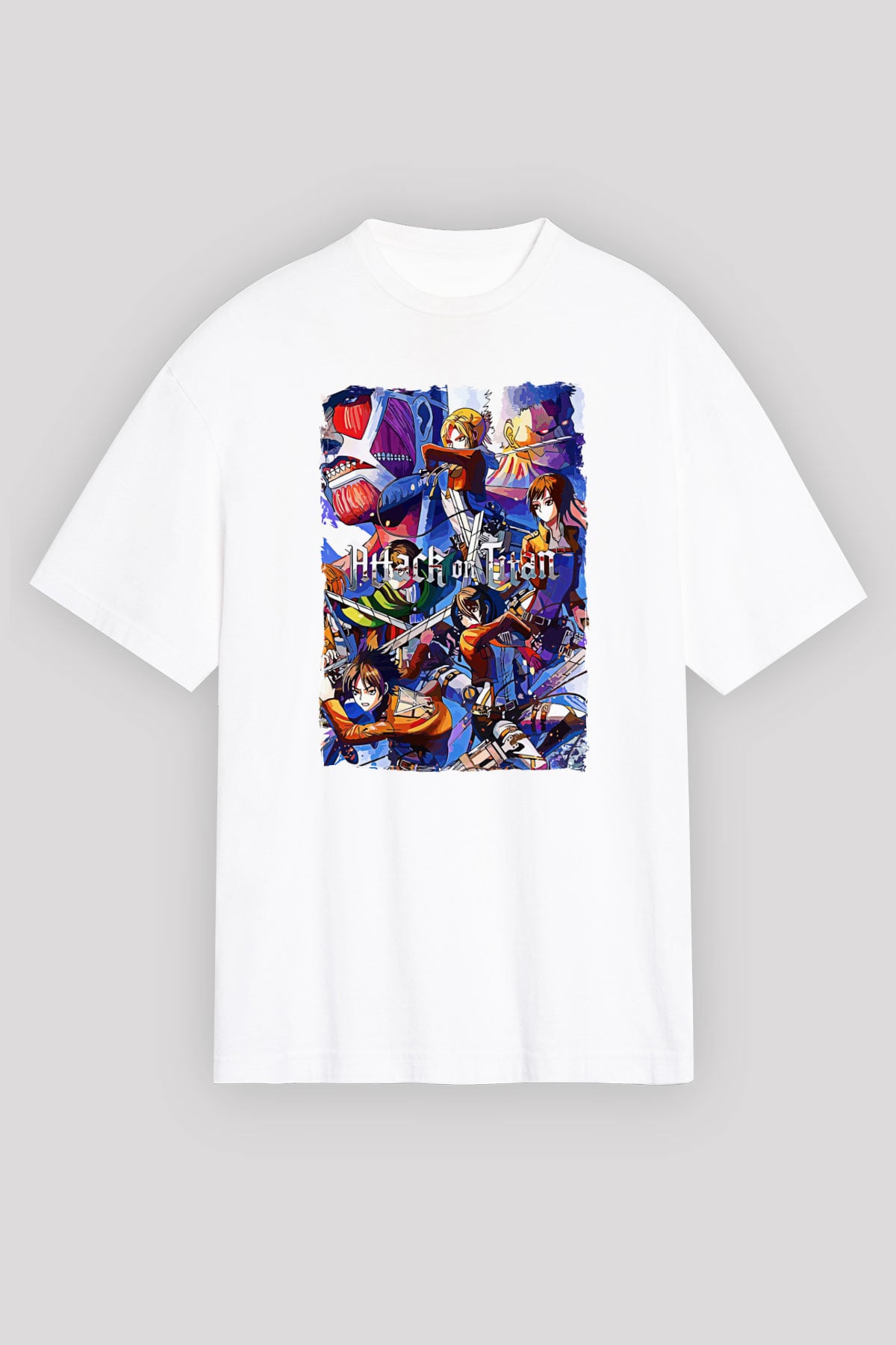 Attack On Titan Baskılı Beyaz Unisex Oversize Tişört - Tshirt