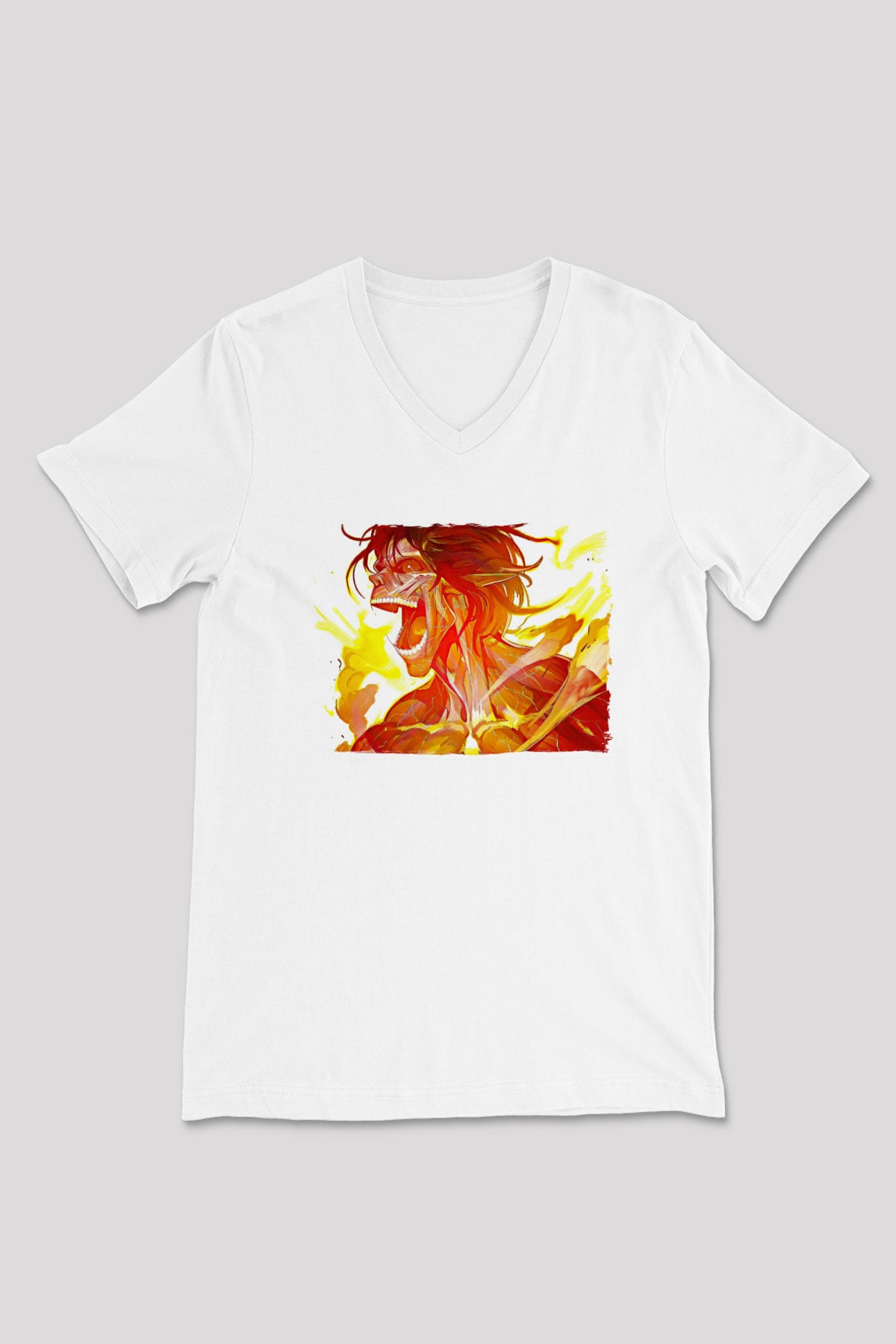 Attack On Titan Baskılı Beyaz Unisex V Yaka Tişört - Tshirt