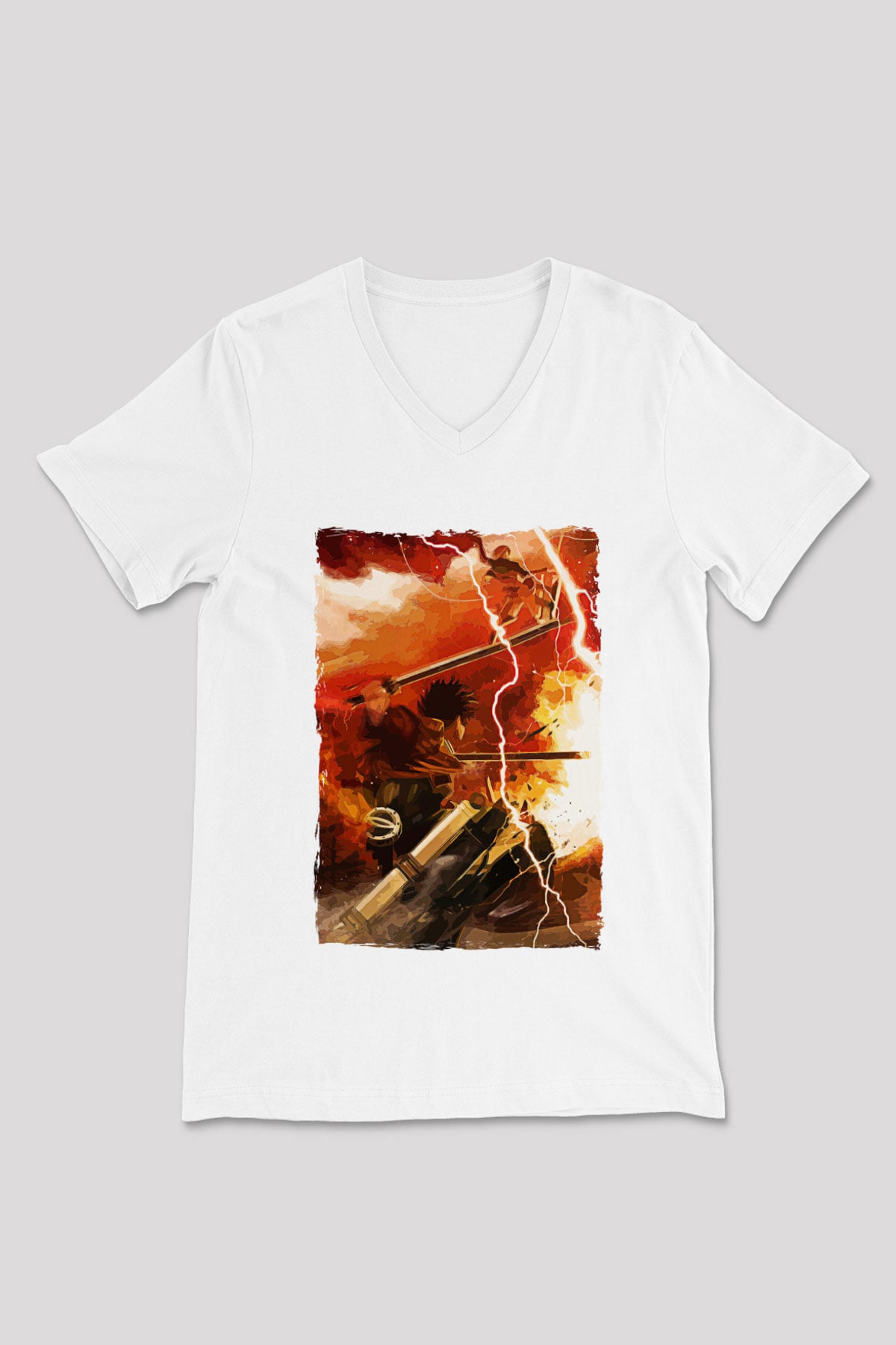 Attack On Titan Baskılı Beyaz Unisex V Yaka Tişört - Tshirt