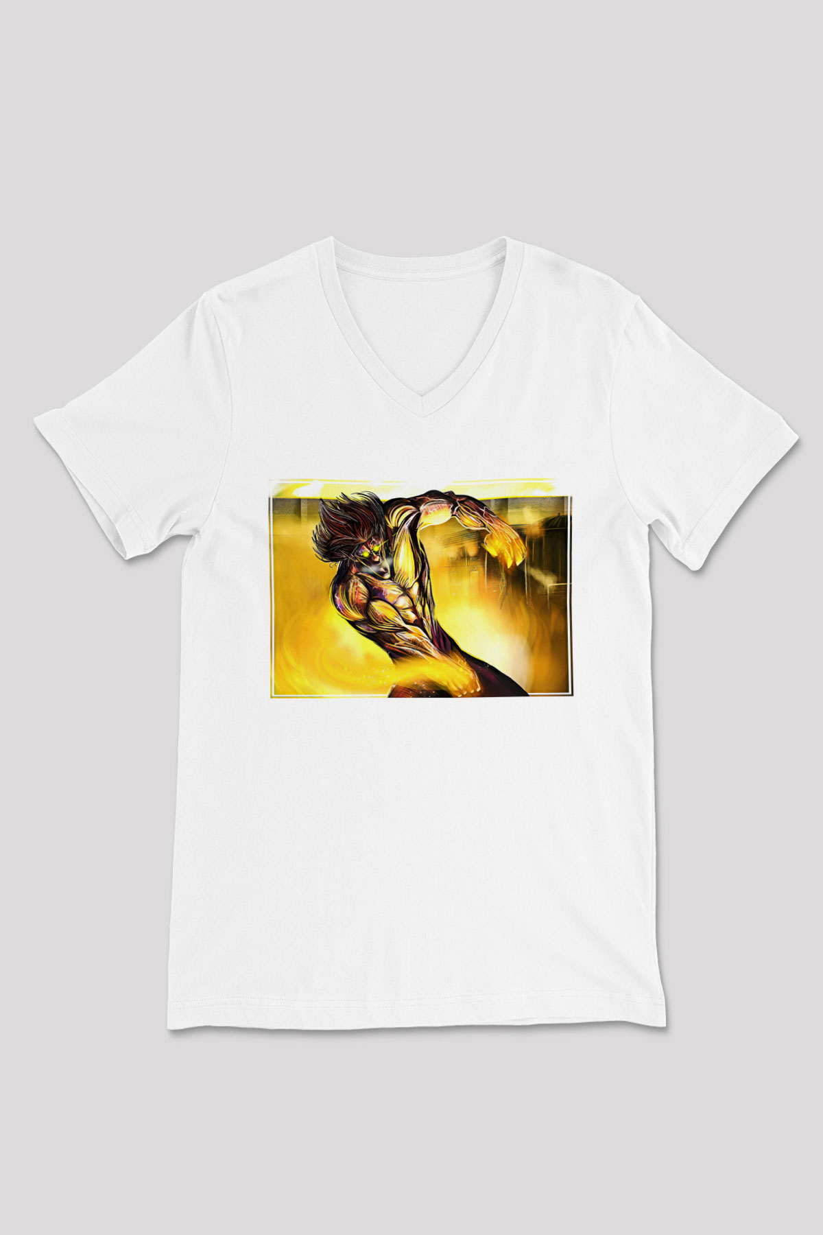 Attack On Titan Baskılı Beyaz Unisex V Yaka Tişört - Tshirt