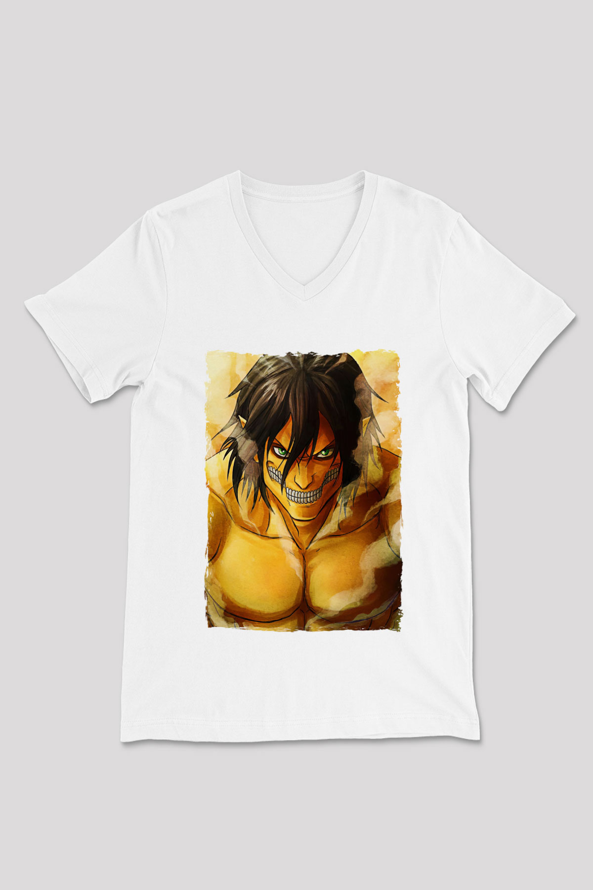 Attack On Titan Baskılı Beyaz Unisex V Yaka Tişört - Tshirt
