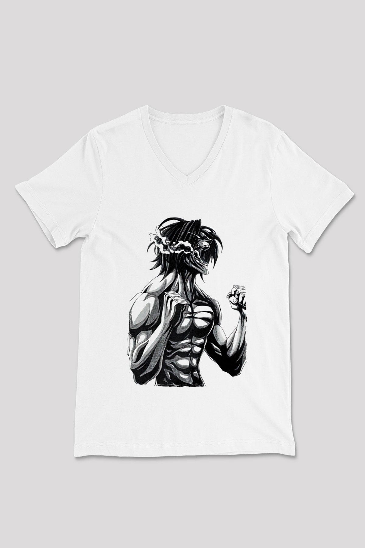 Attack On Titan Baskılı Beyaz Unisex V Yaka Tişört - Tshirt