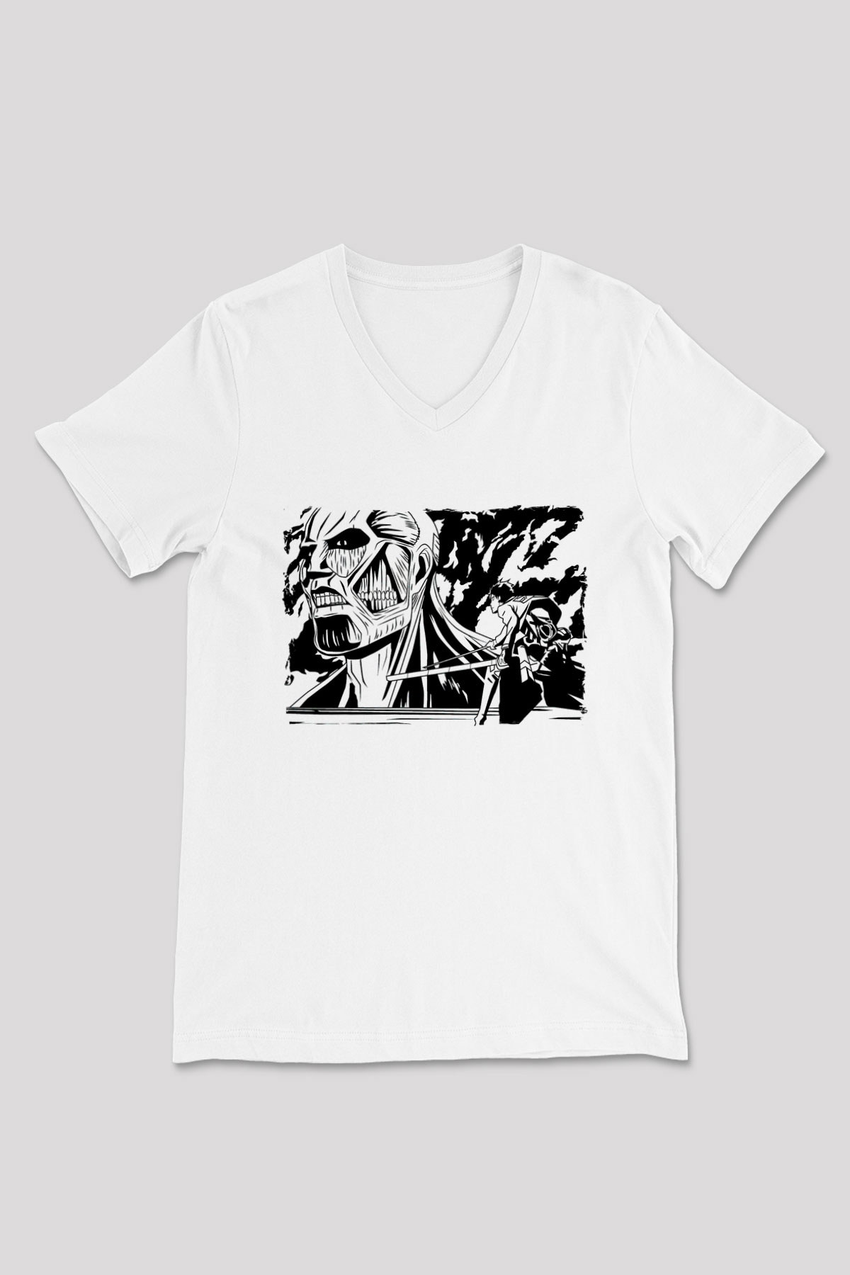Attack On Titan Baskılı Beyaz Unisex V Yaka Tişört - Tshirt