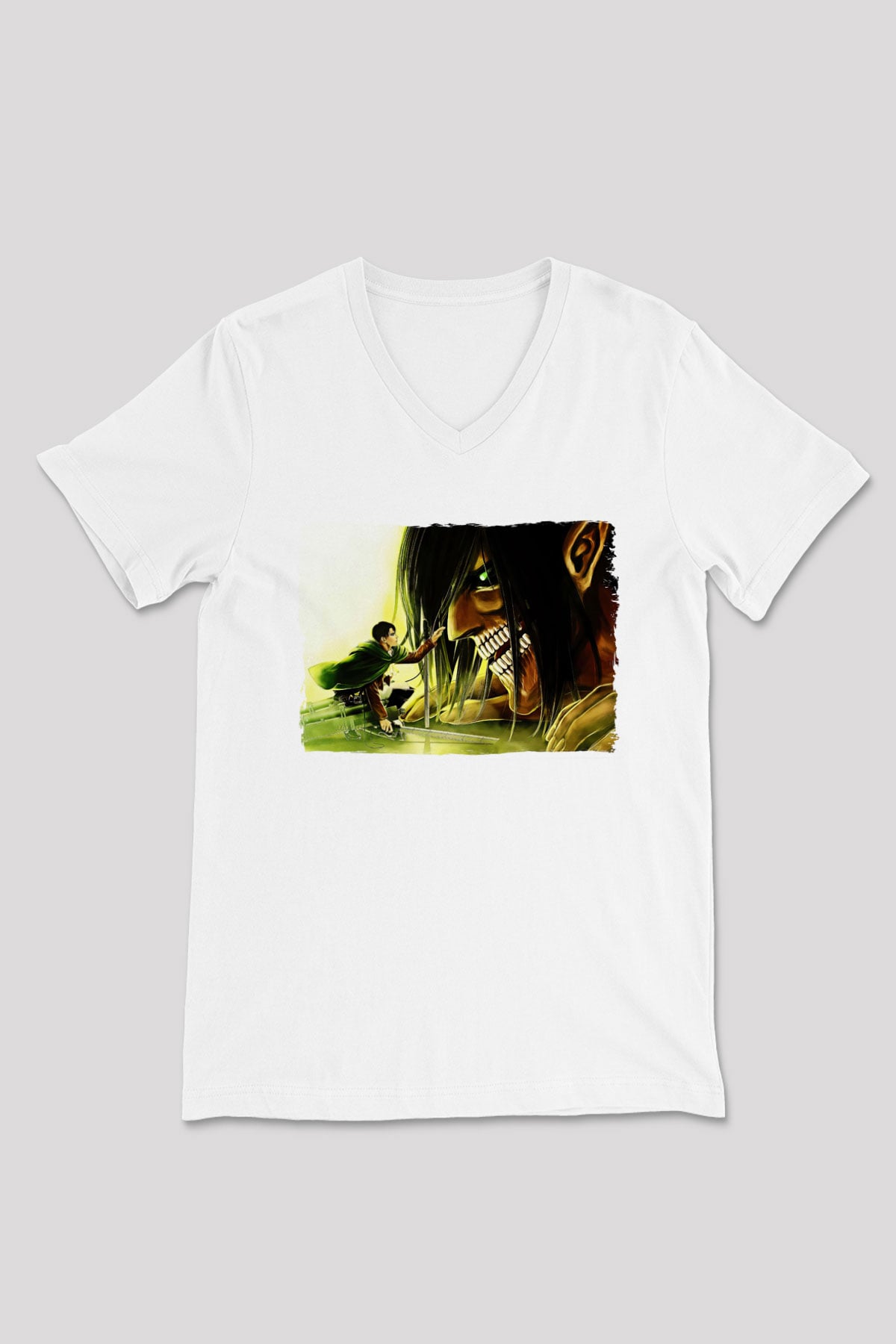 Attack On Titan Baskılı Beyaz Unisex V Yaka Tişört - Tshirt