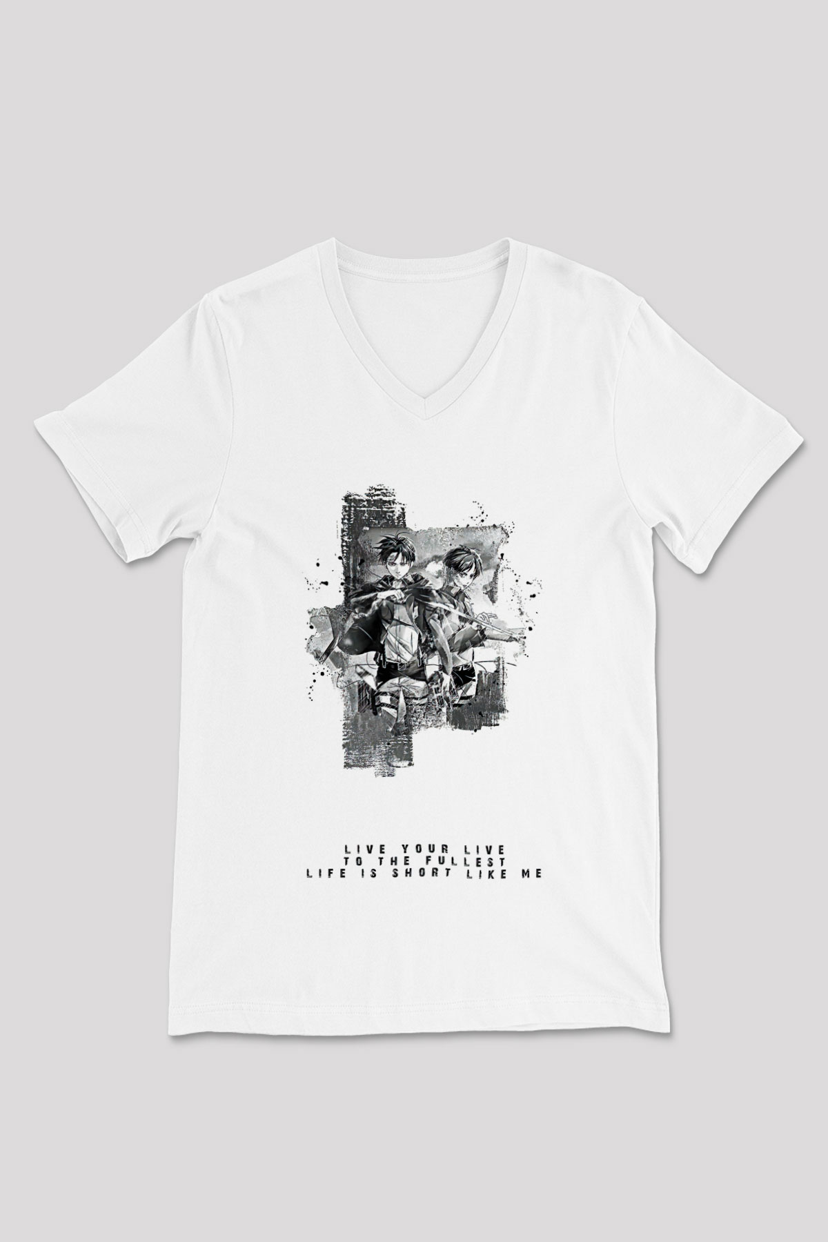 Attack On Titan Baskılı Beyaz Unisex V Yaka Tişört - Tshirt