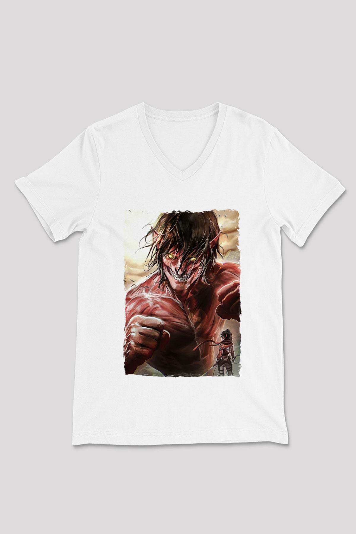 Attack On Titan Baskılı Beyaz Unisex V Yaka Tişört - Tshirt